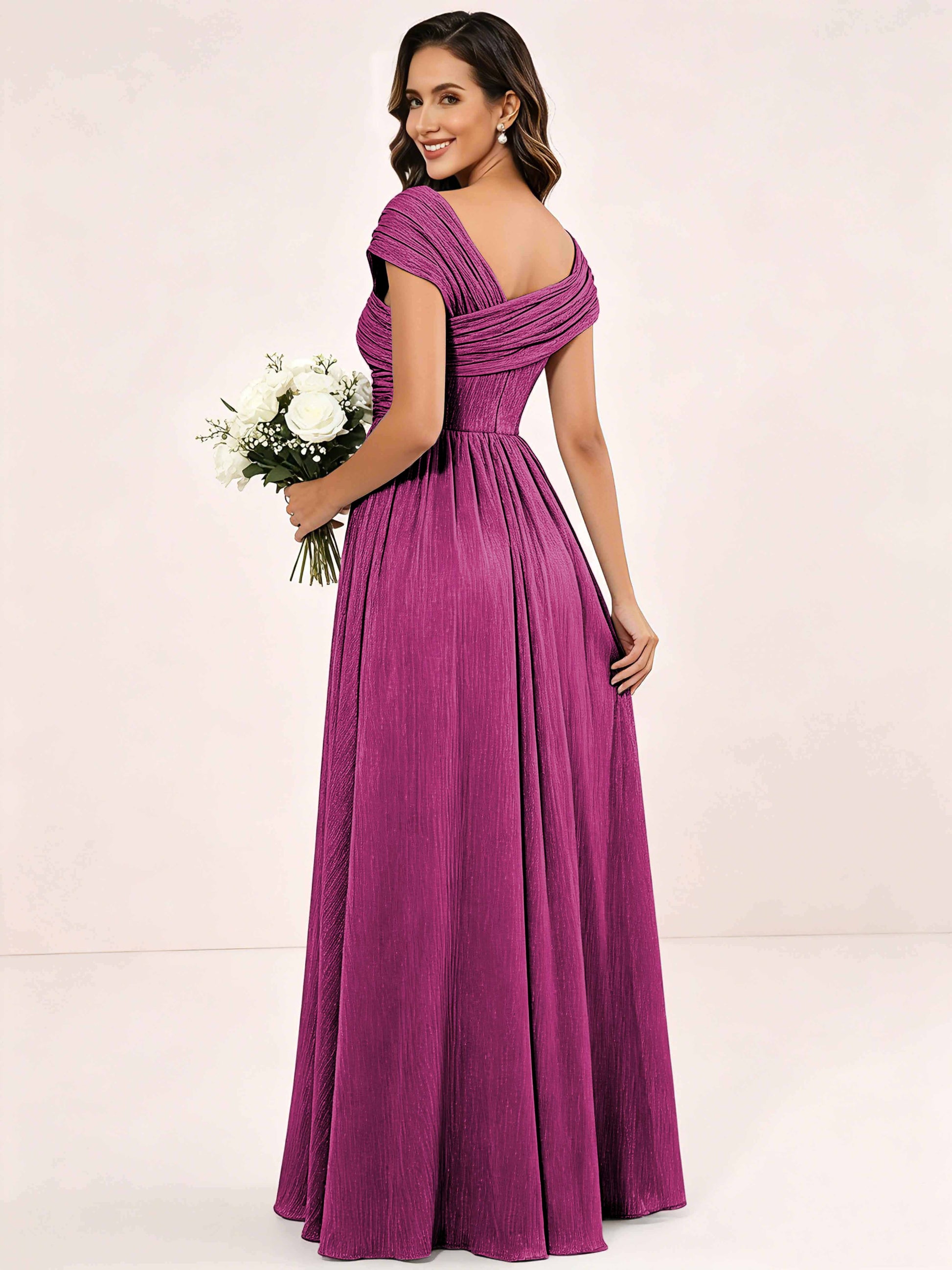 Shiny Striped Chiffon Ruched Cap Sleeve Mother of The Bride Dress
