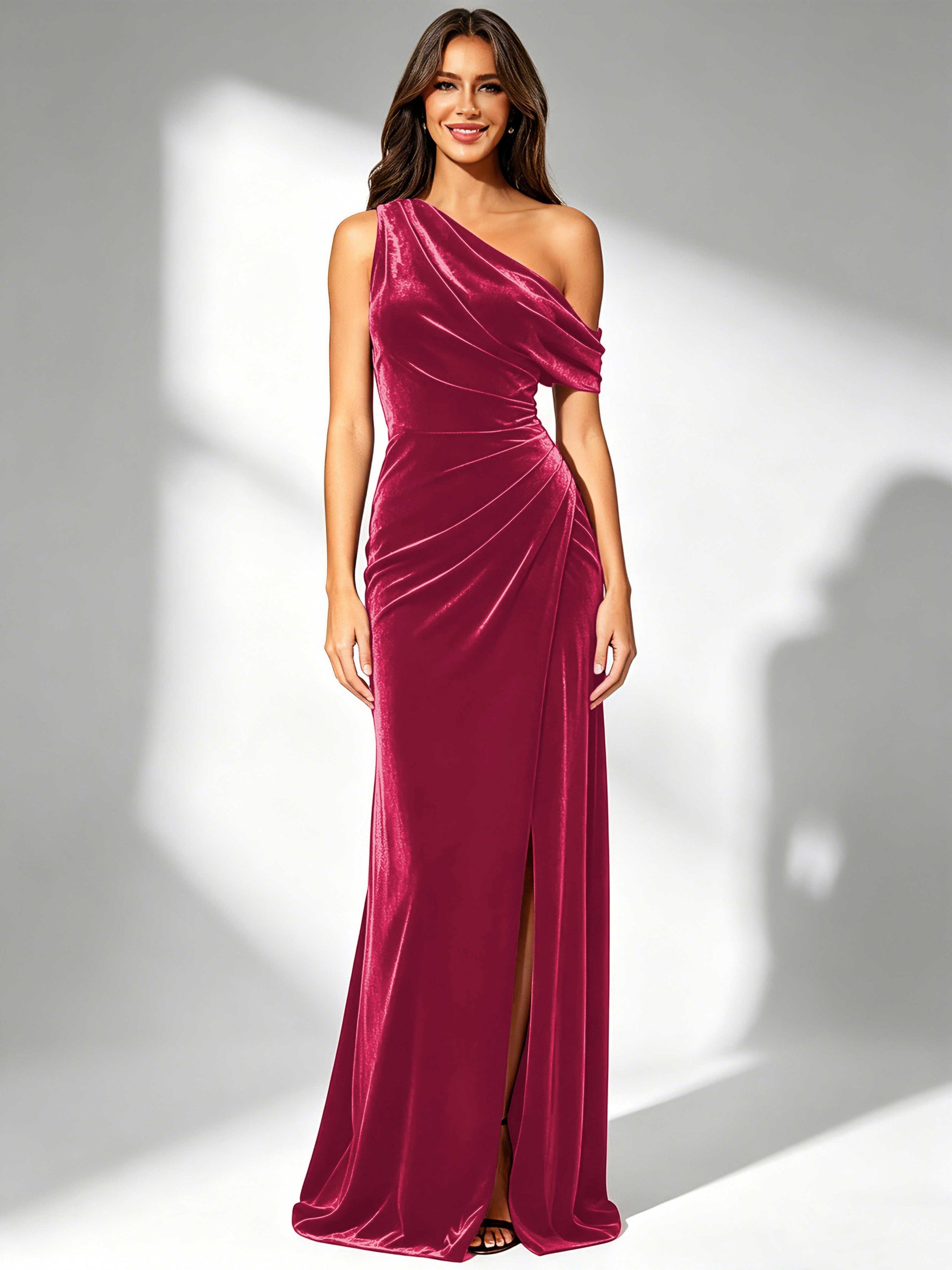 One Shoulder Velvet Bridesmaid Dresses for Women