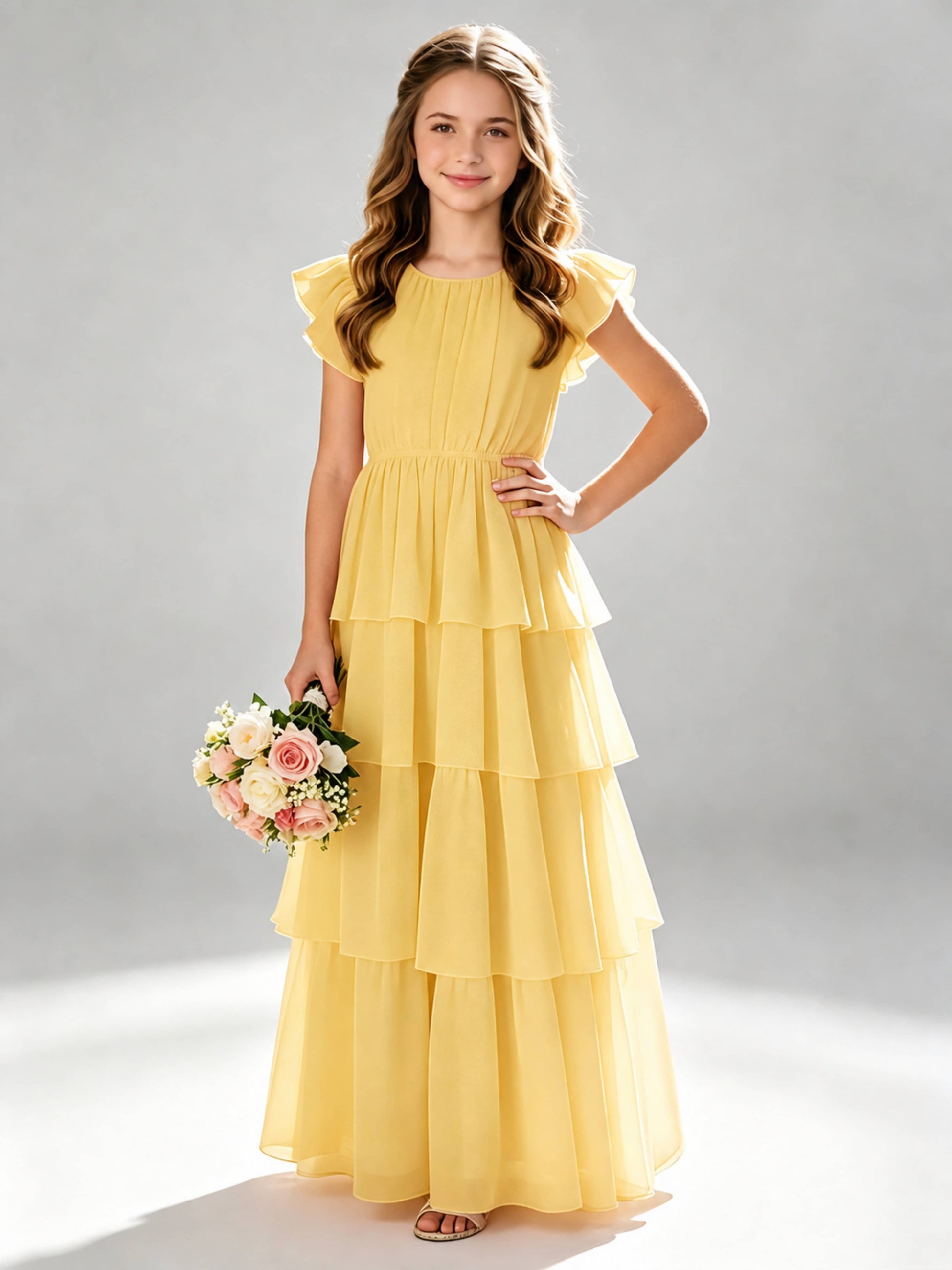 Chiffon Tiered Pleated Long Junior Bridesmaid Dresses
