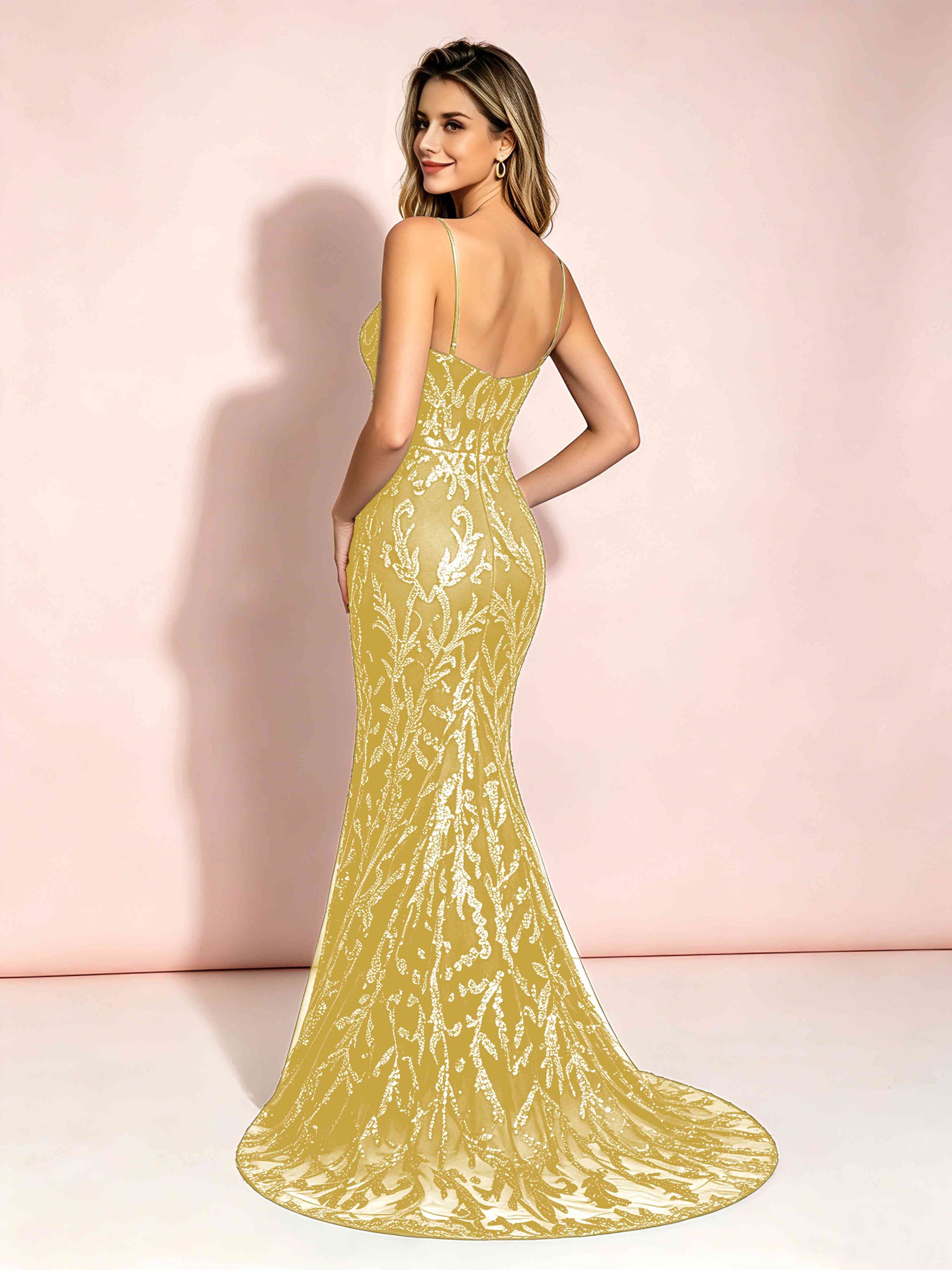 Mermaid V-Neck Sweep Train Sequin Sparkly Prom Dresses with Slit