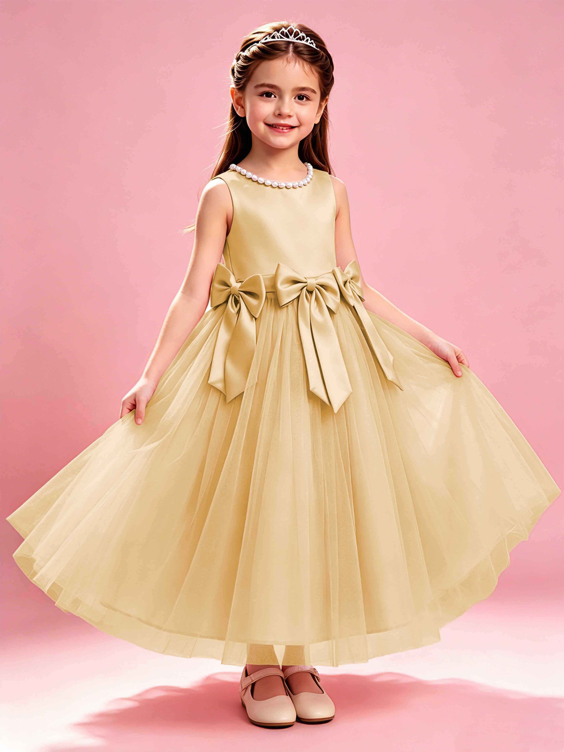 Satin Tulle Flower Girl Dress with Bow Princess Girls Pageant Gowns