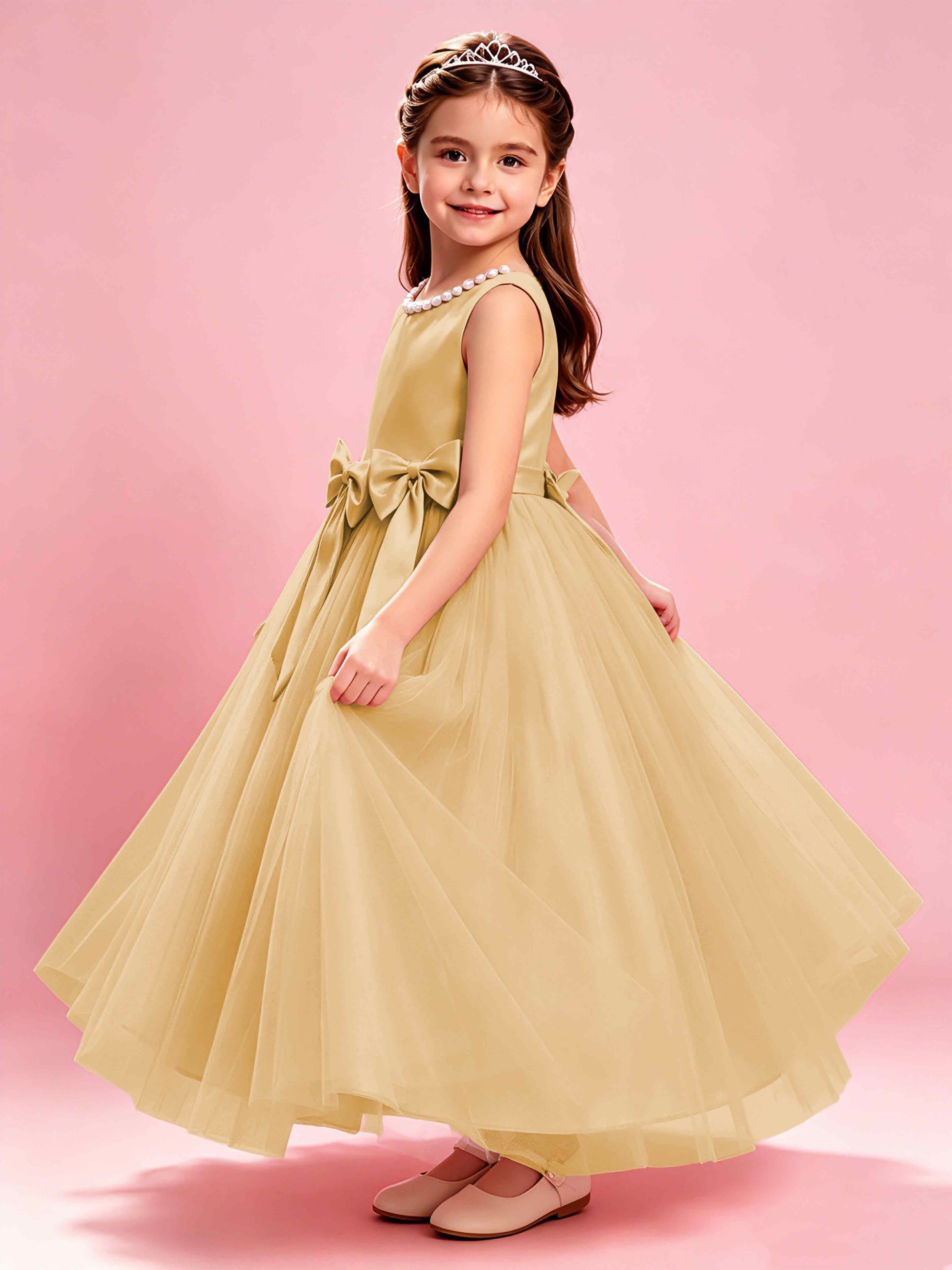 Satin Tulle Flower Girl Dress with Bow Princess Girls Pageant Gowns