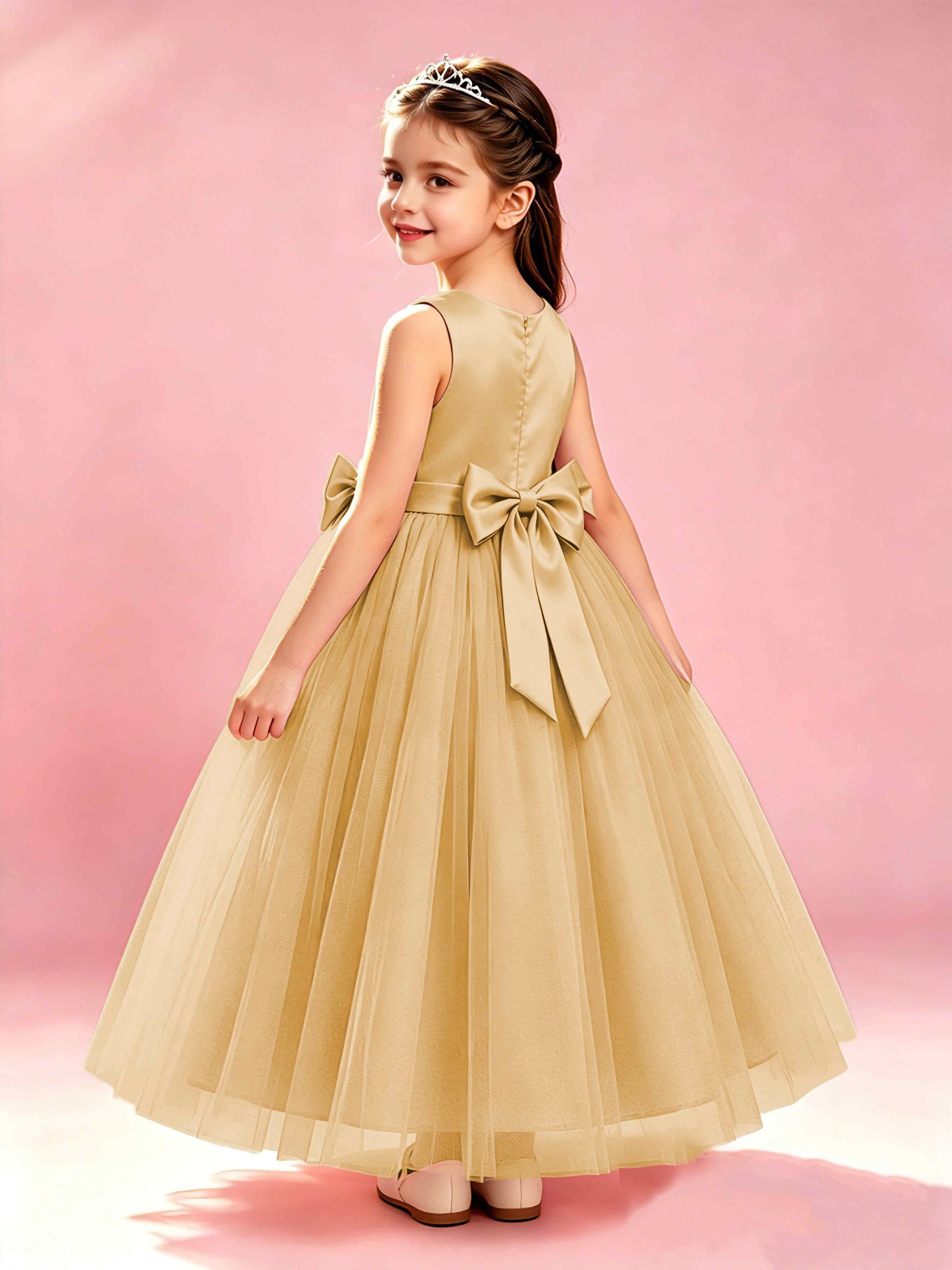 Satin Tulle Flower Girl Dress with Bow Princess Girls Pageant Gowns