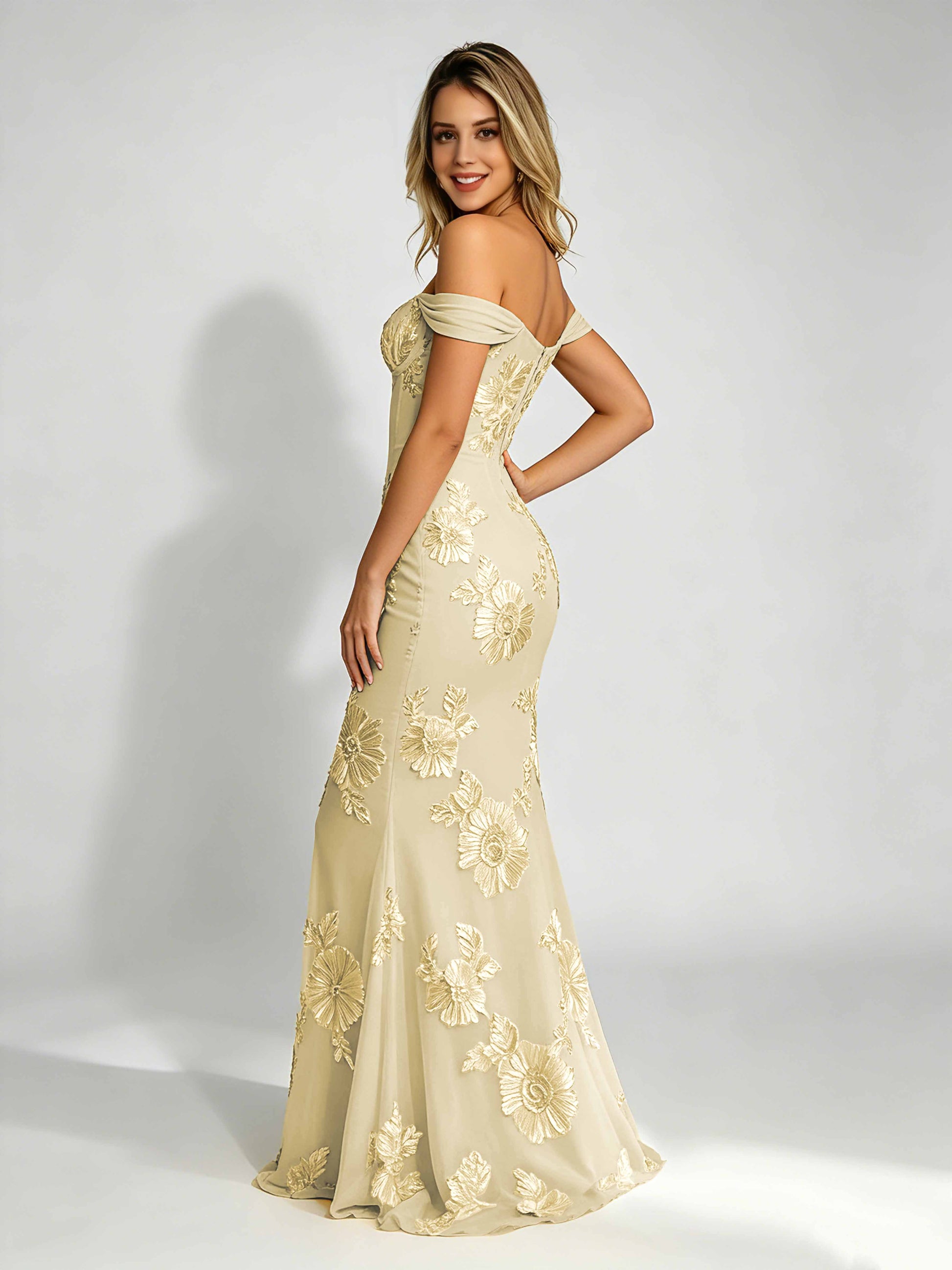 Embroidery Mesh Prom Dress for Teen Off Shoulder Formal Party Gown