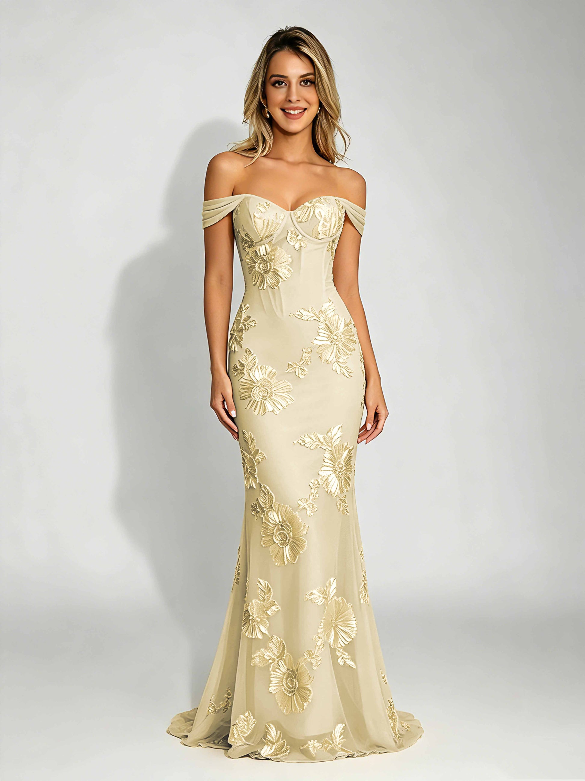Embroidery Mesh Prom Dress for Teen Off Shoulder Formal Party Gown