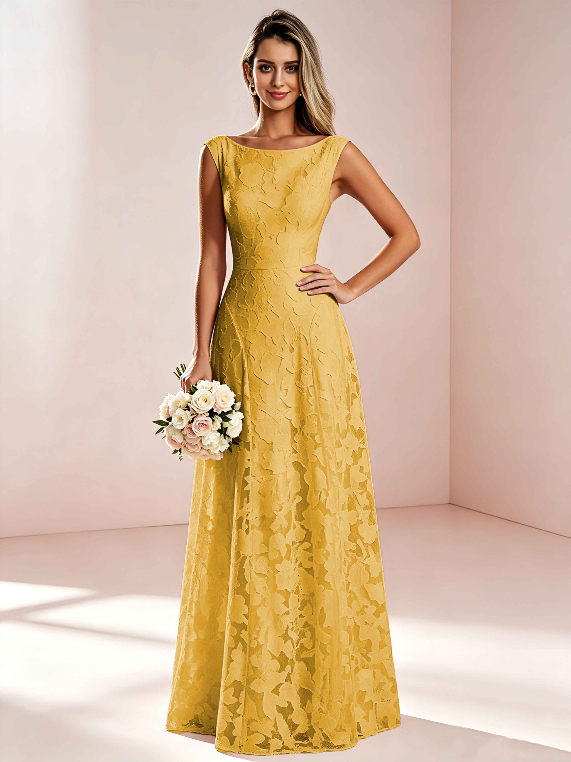 Boat Neck Jacquard Chiffon Floor Length Bridesmaid Dresses