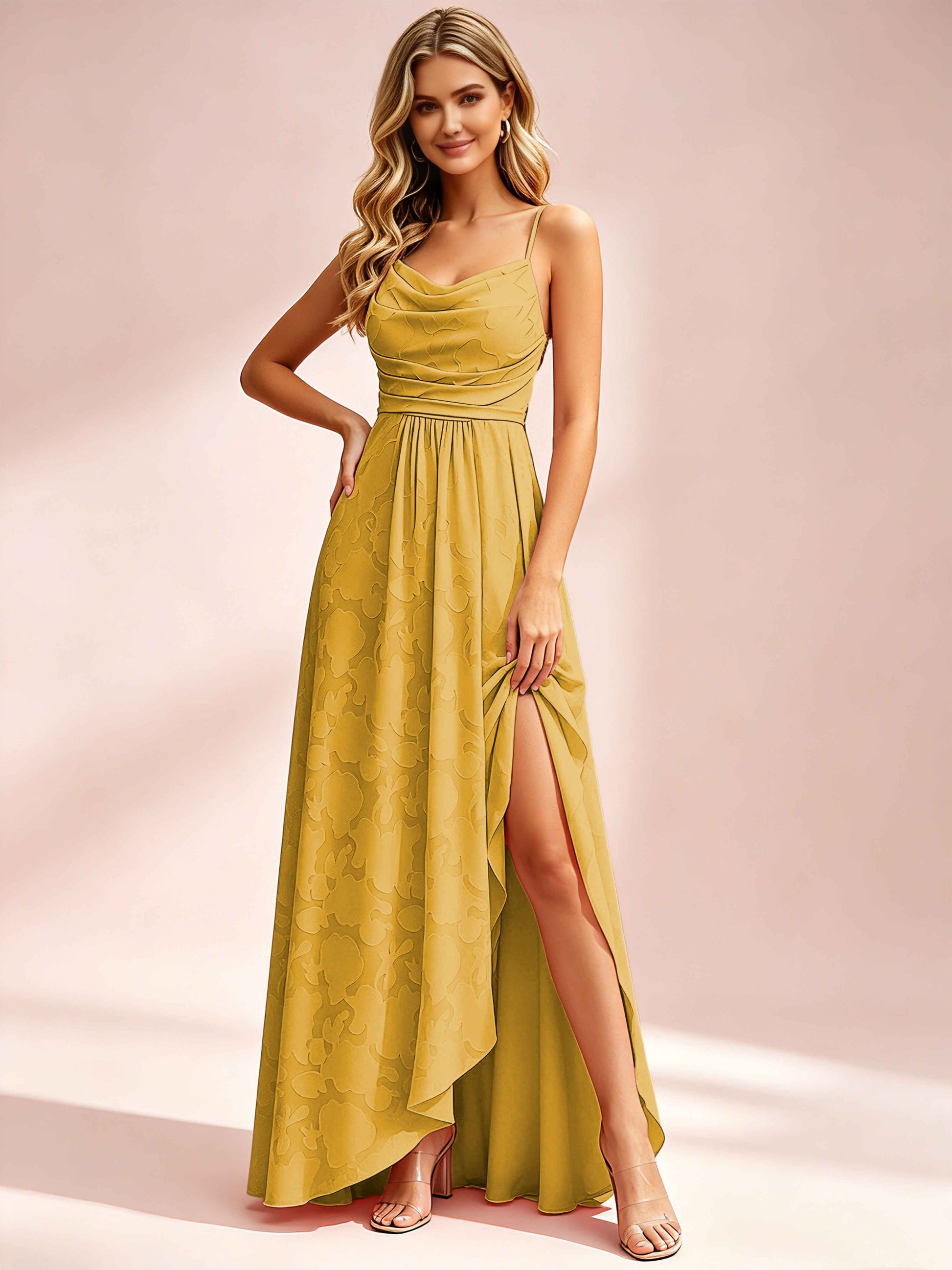 Jacquard Chiffon Cowl Neck Bridesmaid Dresses with Ruffle Slit
