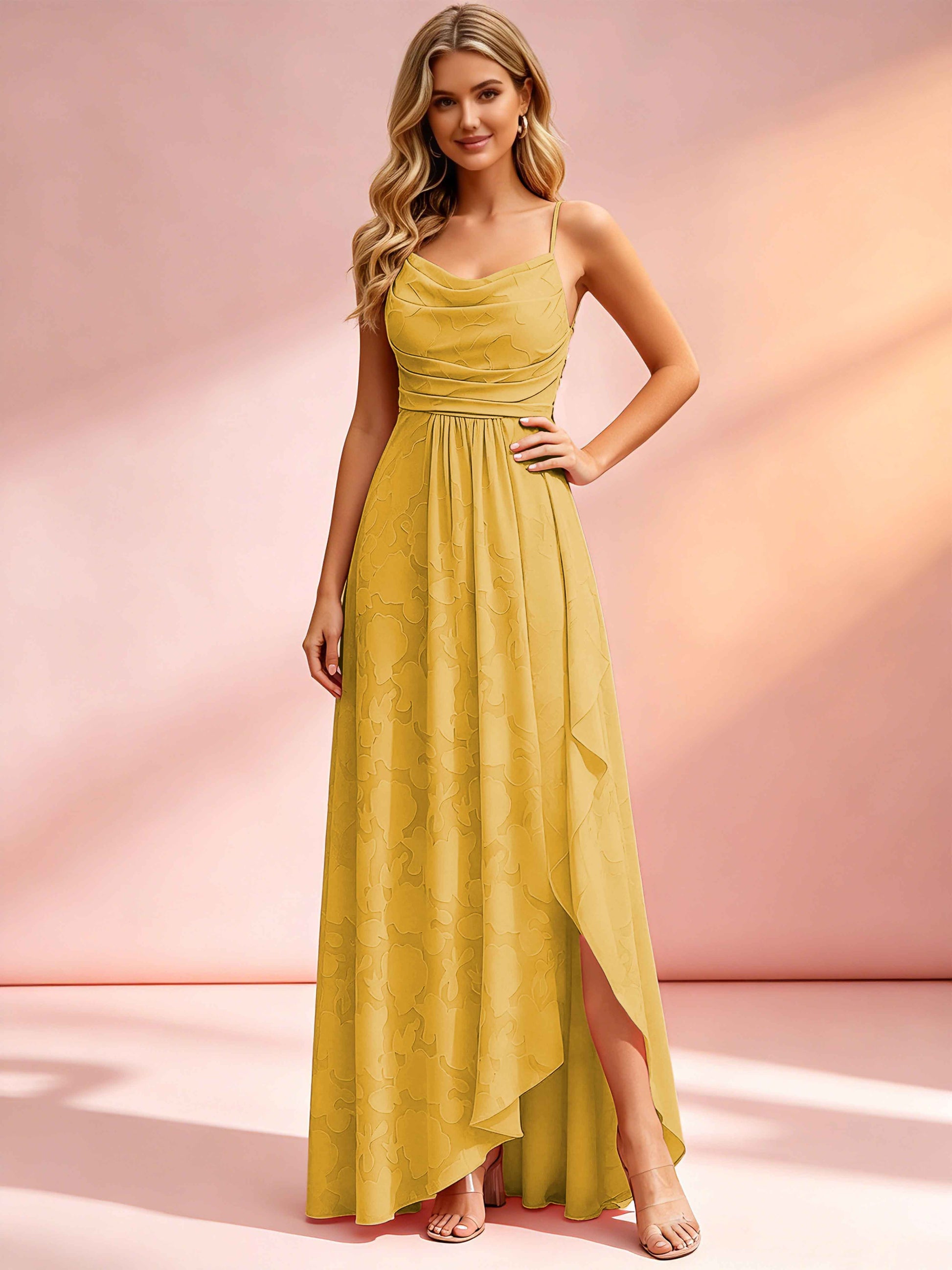 Jacquard Chiffon Cowl Neck Bridesmaid Dresses with Ruffle Slit