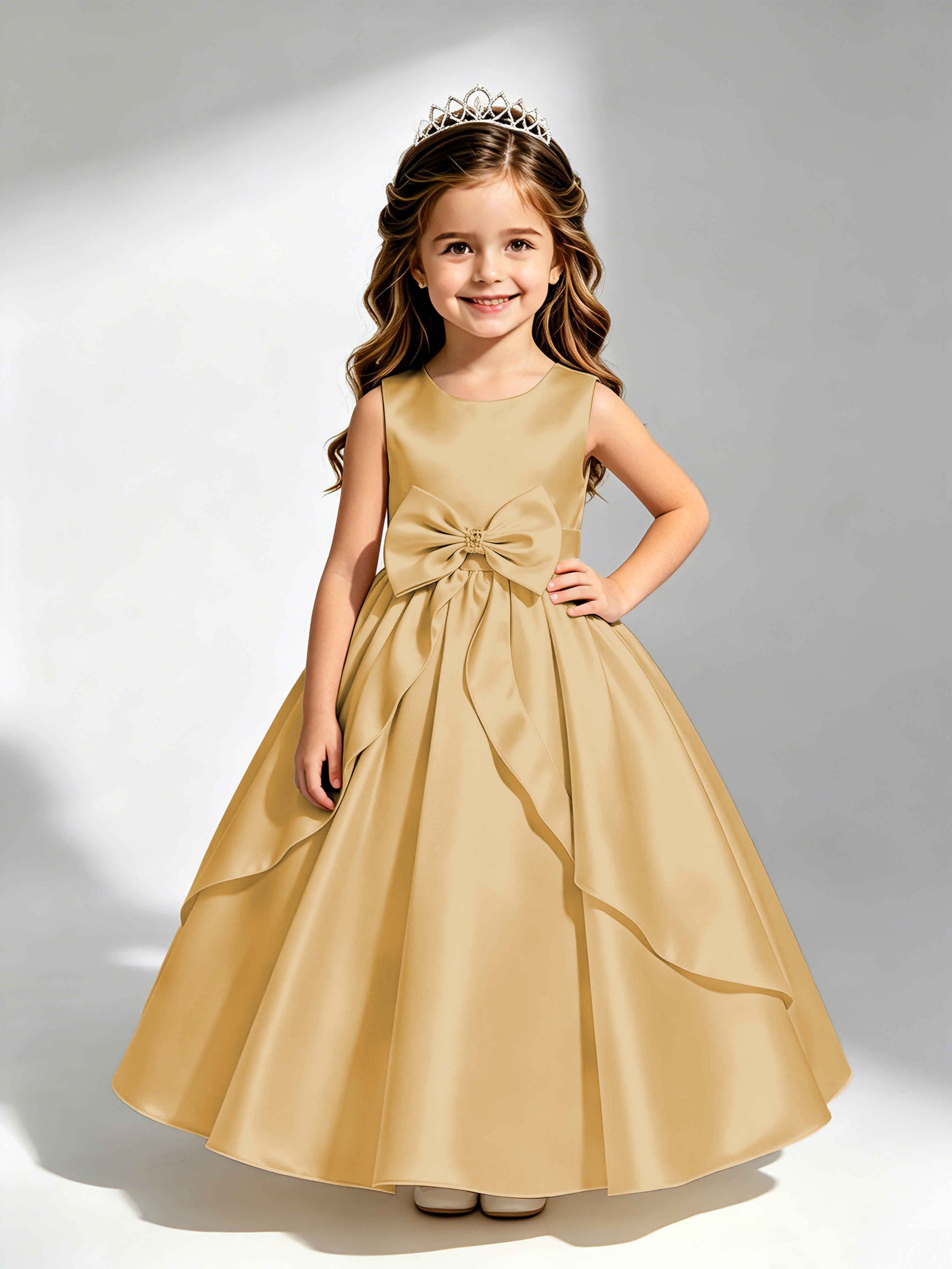 Satin Flower Girl Dress with Bow Princess Girls Pageant Gowns