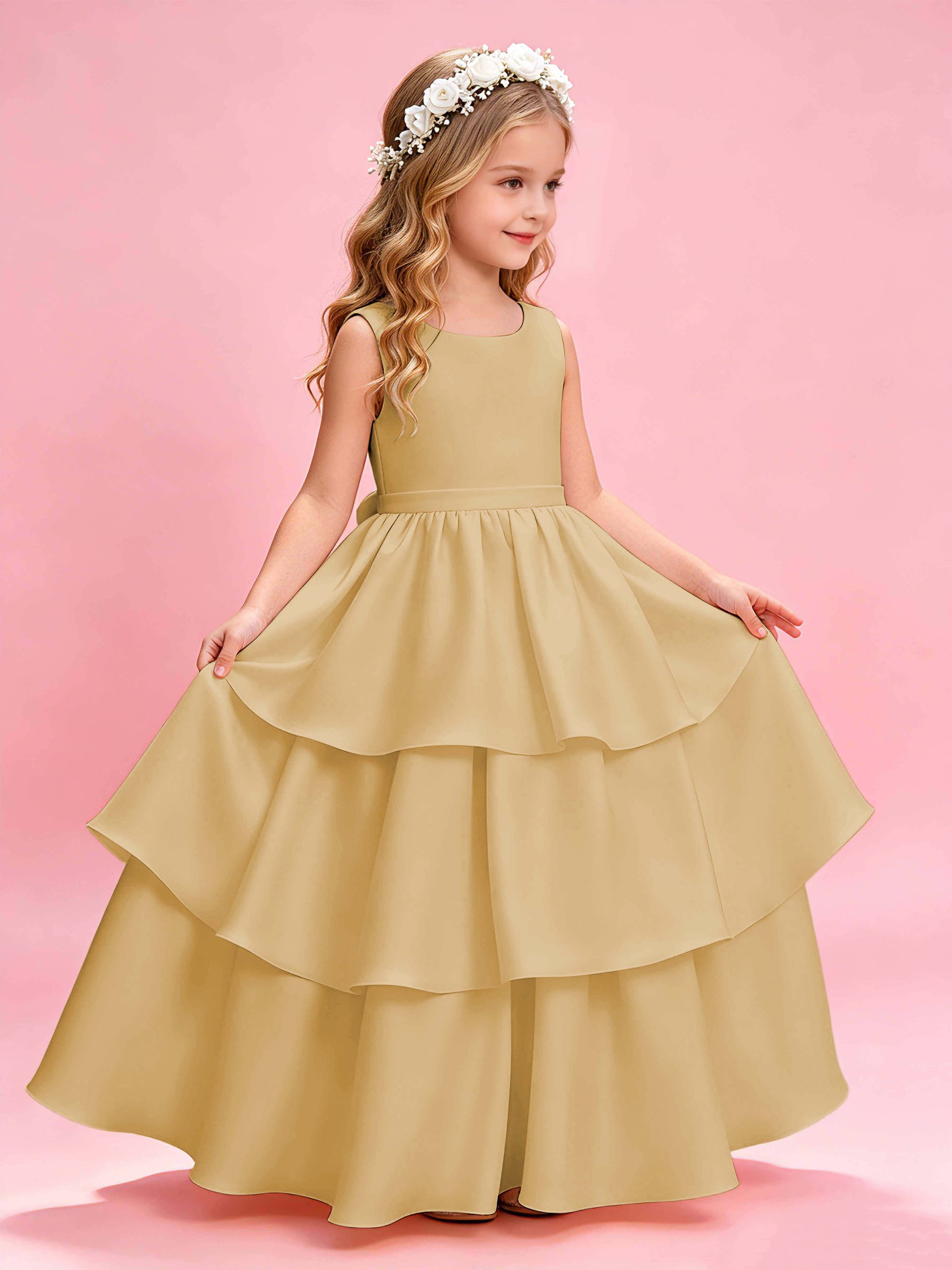 Tiered Flower Girl Dress with Bow Princess Girls Pageant Gowns