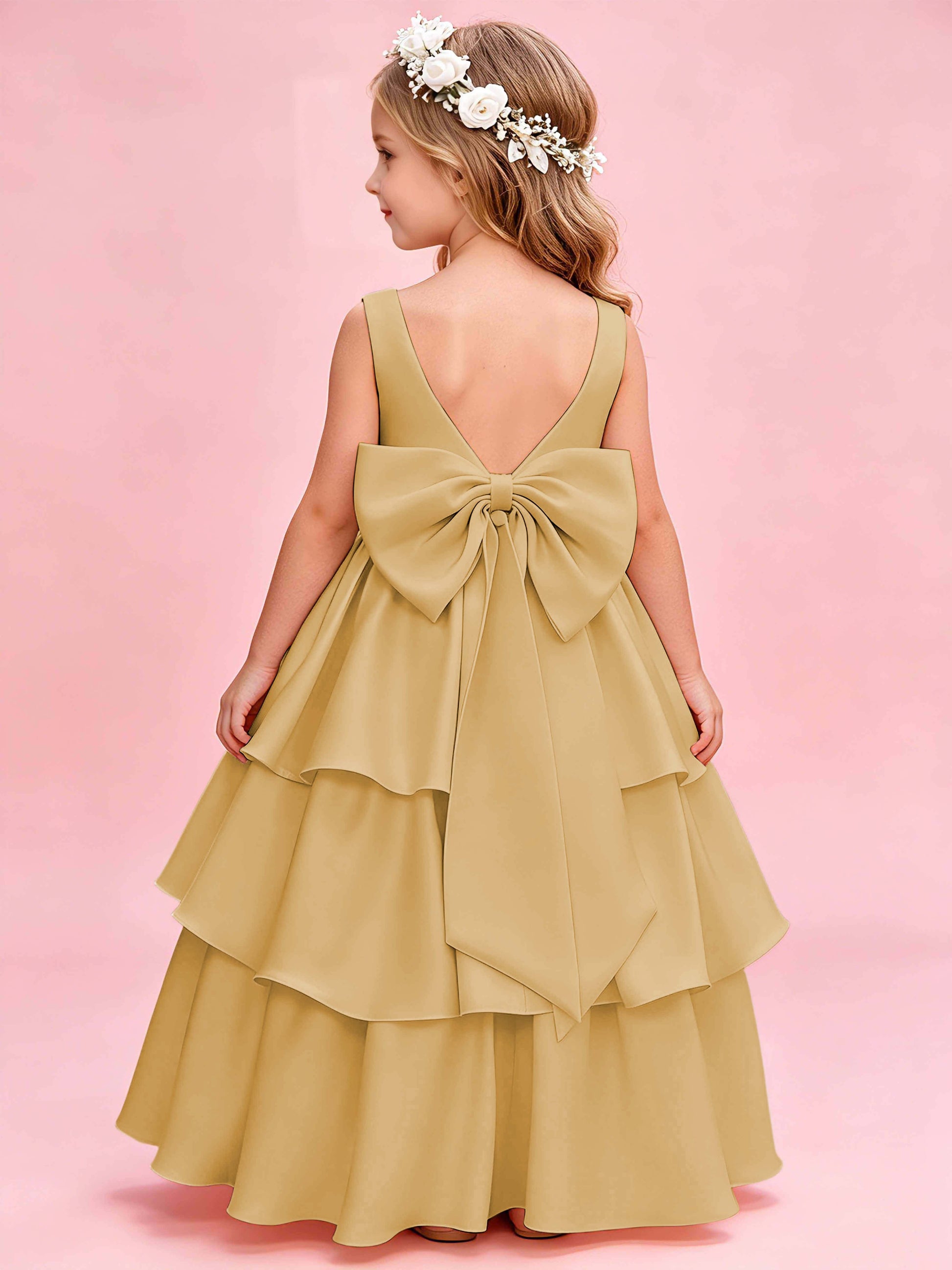 Tiered Flower Girl Dress with Bow Princess Girls Pageant Gowns