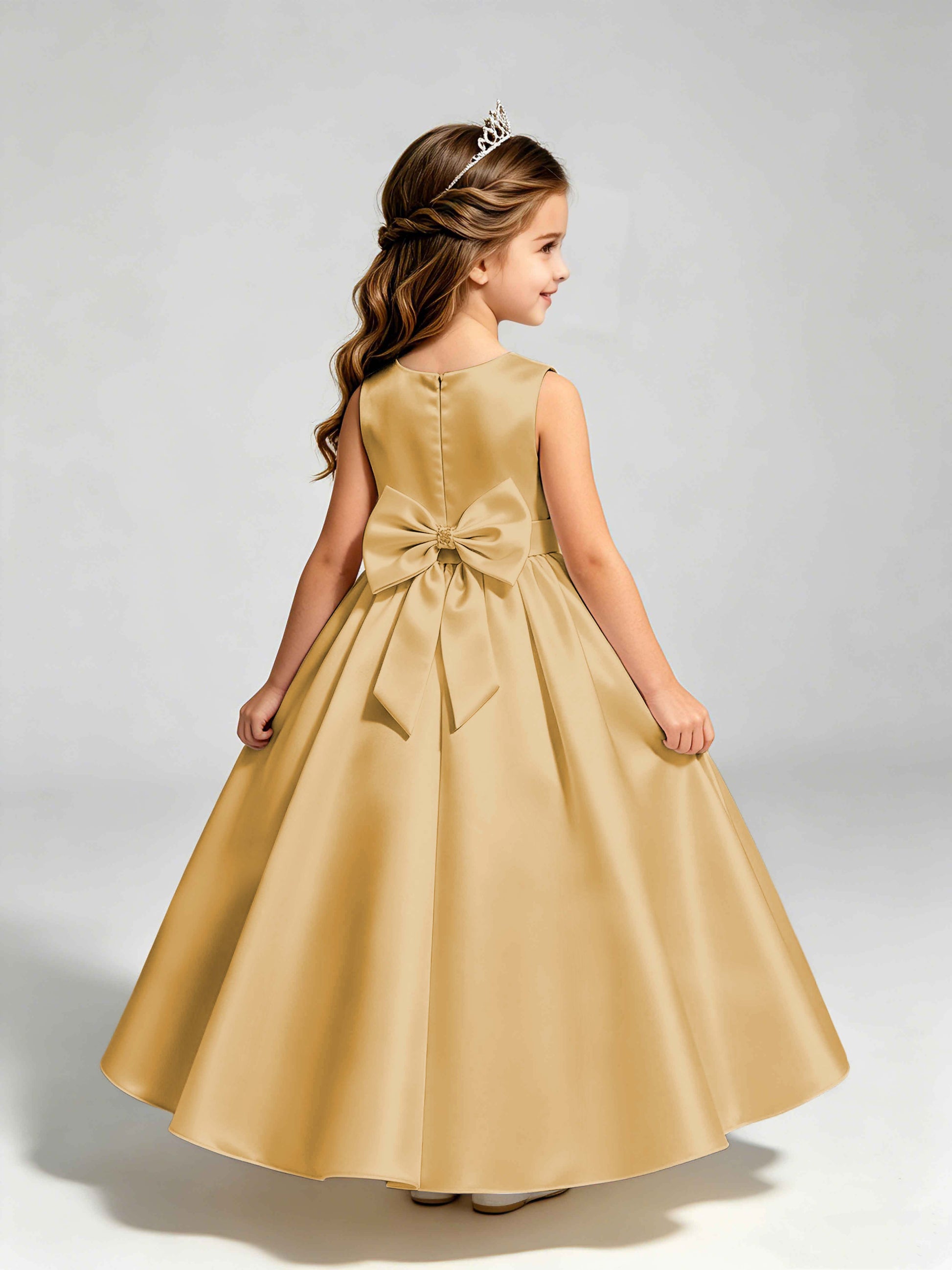 Satin Flower Girl Dress with Bow Princess Girls Pageant Gowns