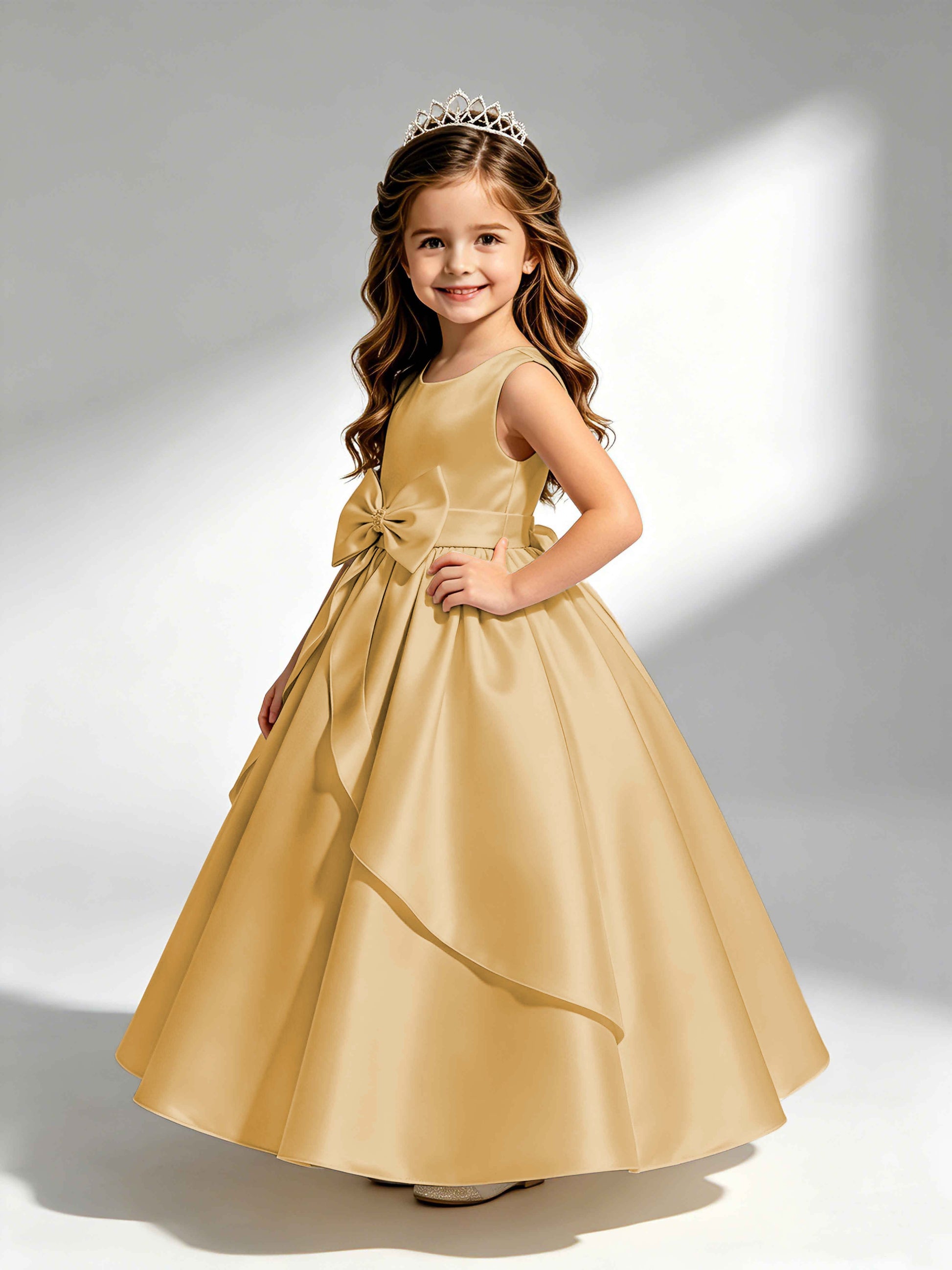 Satin Flower Girl Dress with Bow Princess Girls Pageant Gowns
