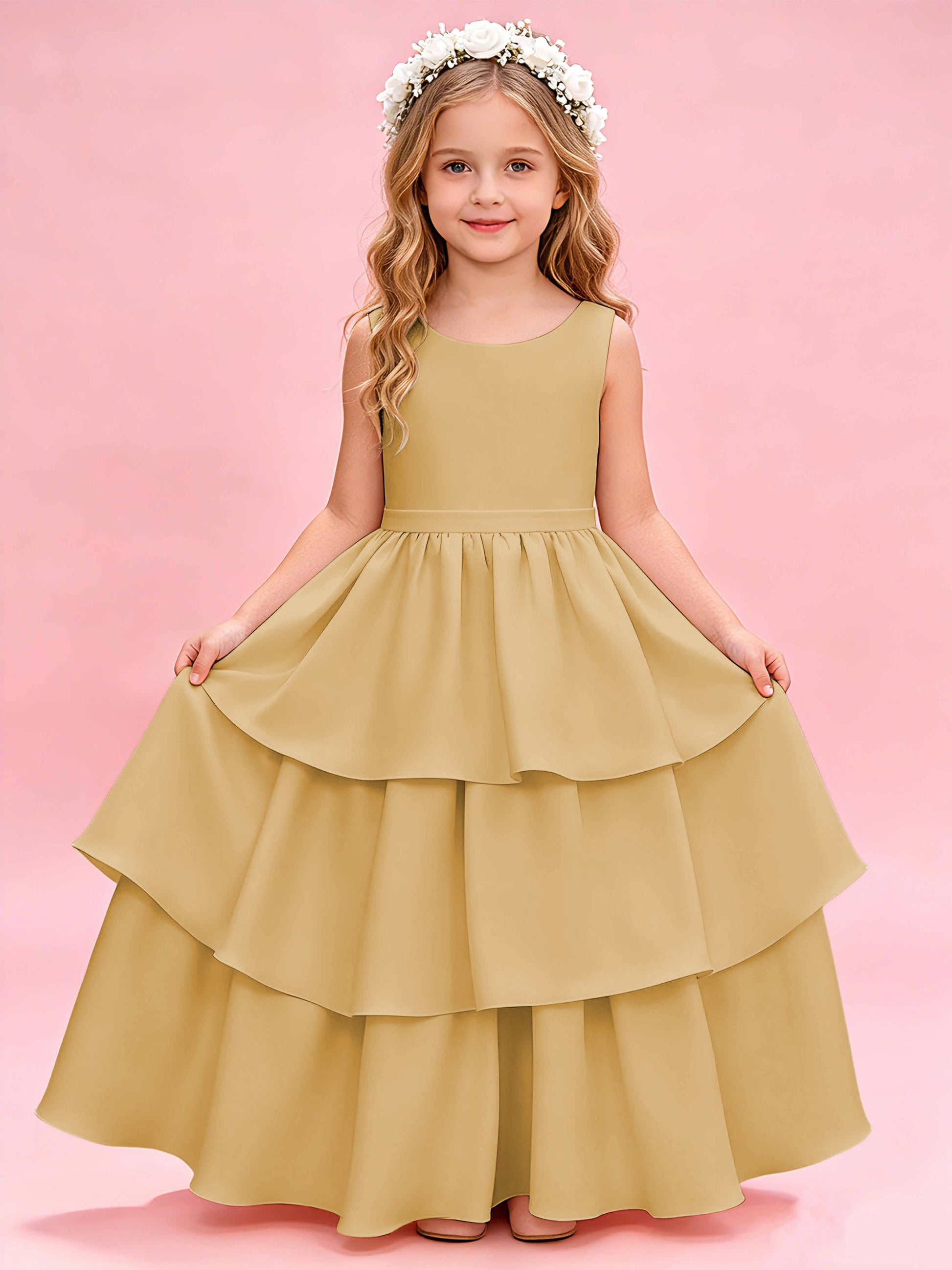 Tiered Flower Girl Dress with Bow Princess Girls Pageant Gowns