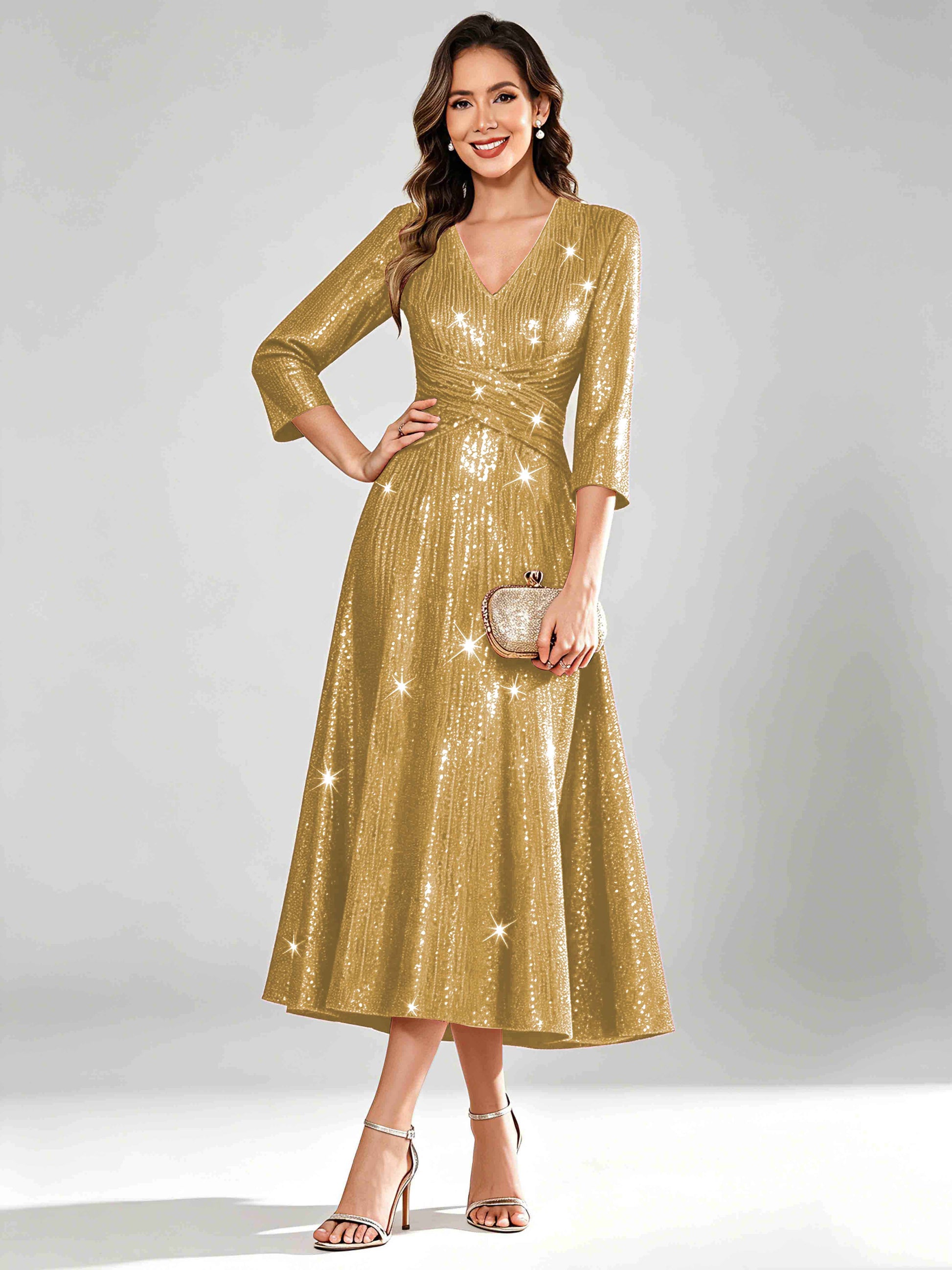 Sequin Sparkly 3/4 Sleeve Dressy Mother of The Bride Dresses