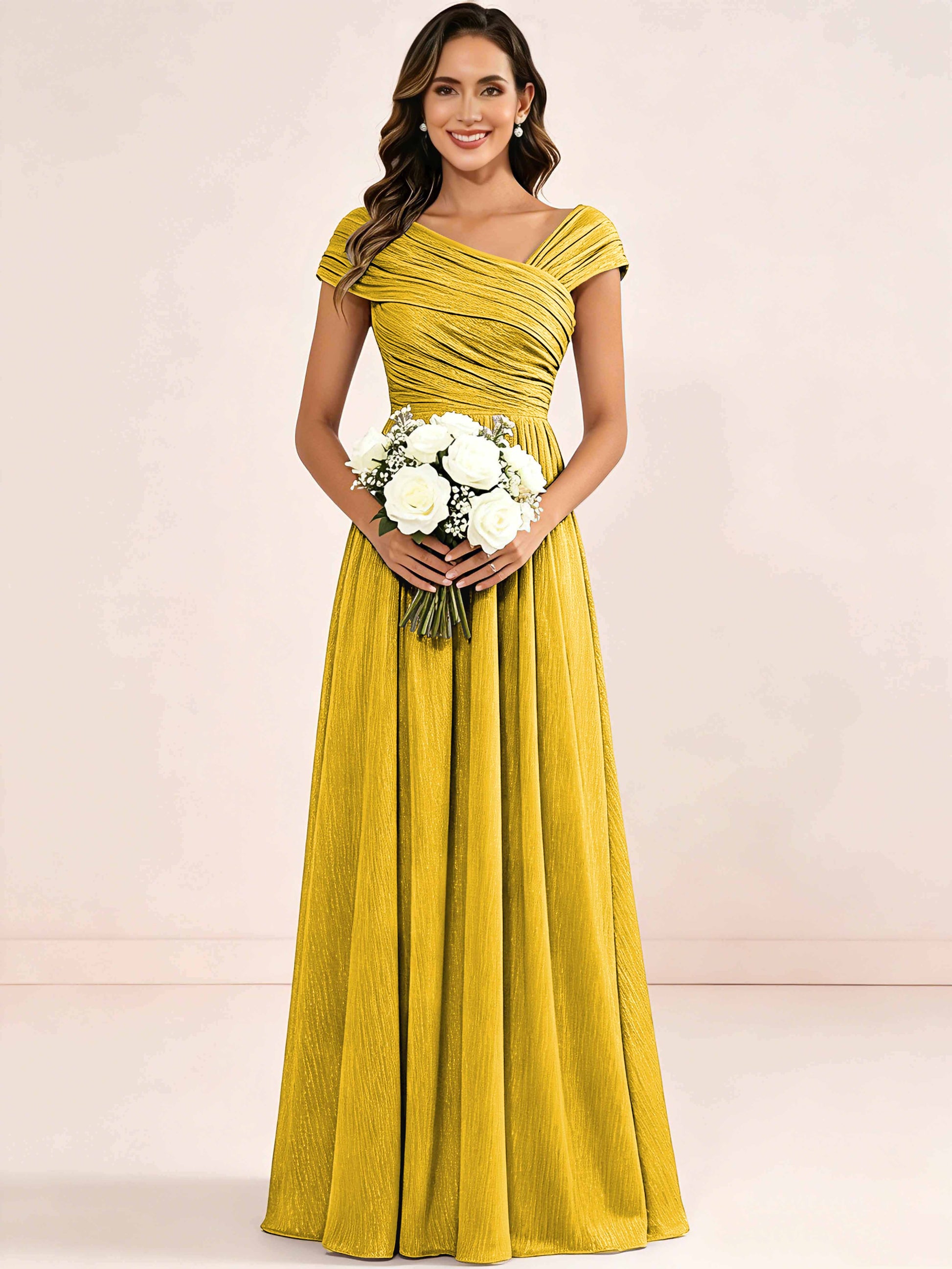 Shiny Striped Chiffon Ruched Cap Sleeve Mother of The Bride Dress