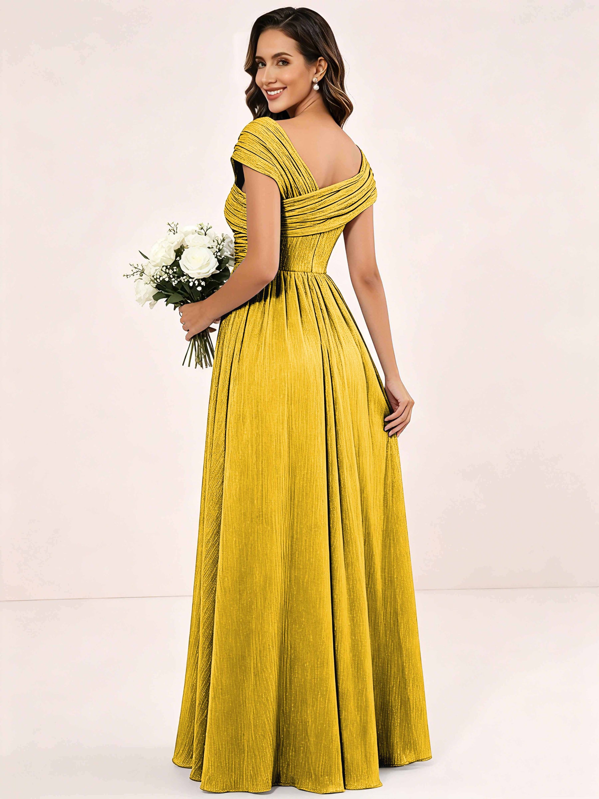 Shiny Striped Chiffon Ruched Cap Sleeve Mother of The Bride Dress