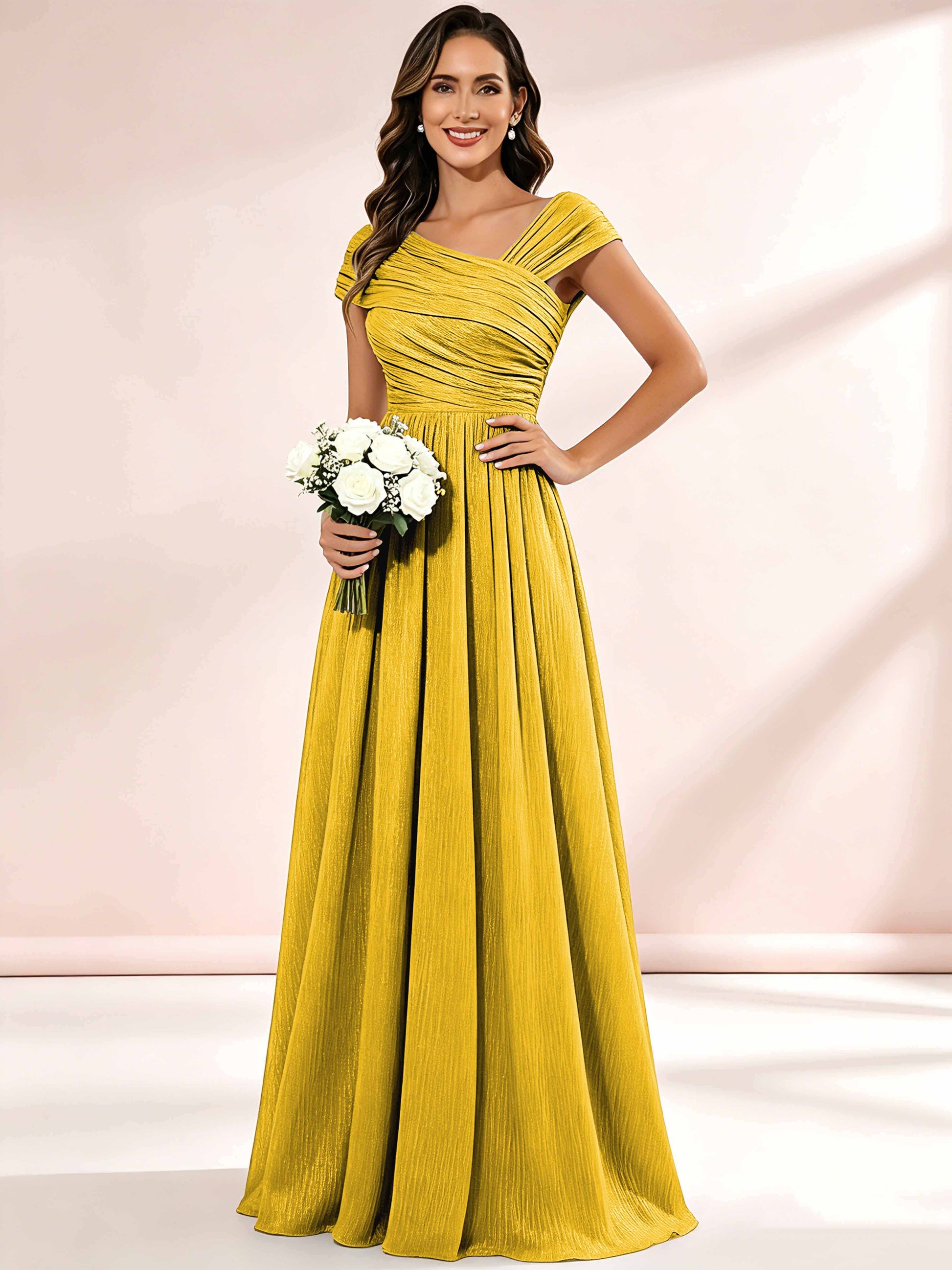 Shiny Striped Chiffon Ruched Cap Sleeve Mother of The Bride Dress