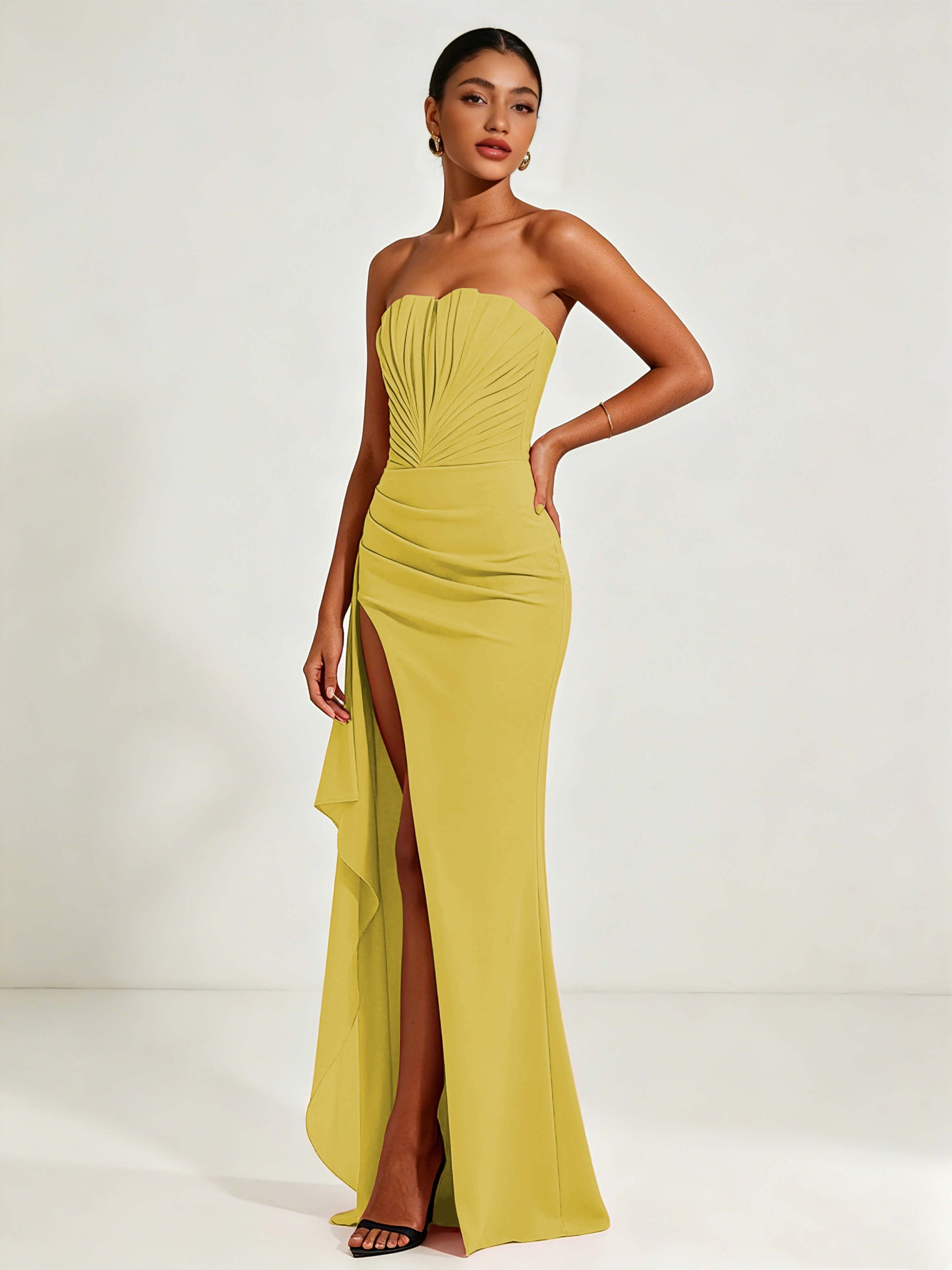 Strapless Ruched Bust Prom Dresses with Ruffle Slit
