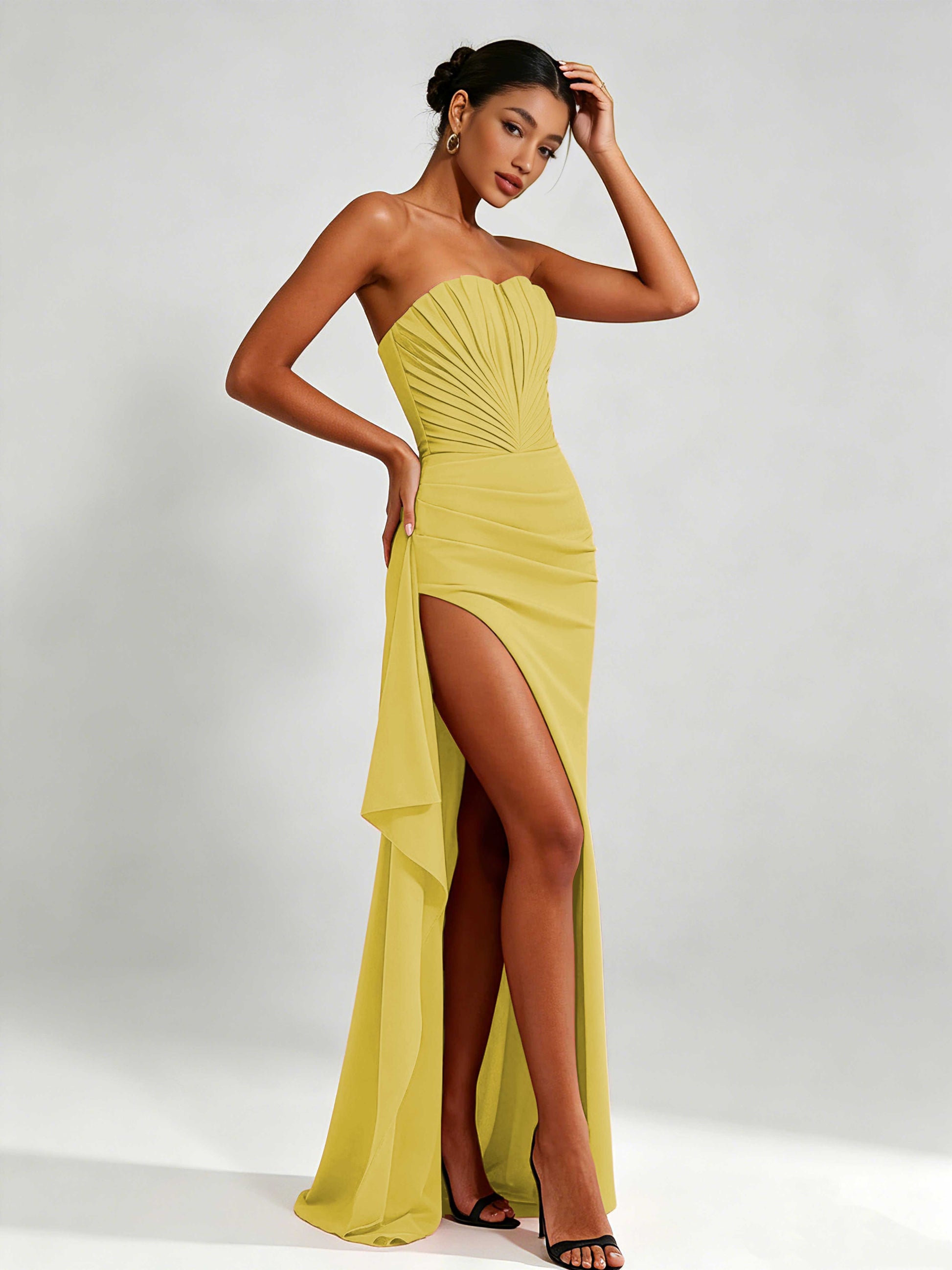 Strapless Ruched Bust Prom Dresses with Ruffle Slit