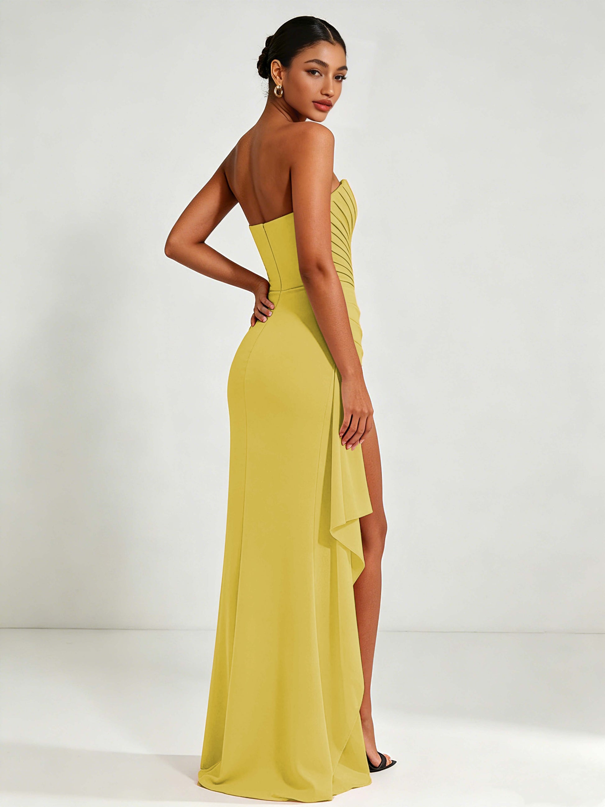 Strapless Ruched Bust Prom Dresses with Ruffle Slit