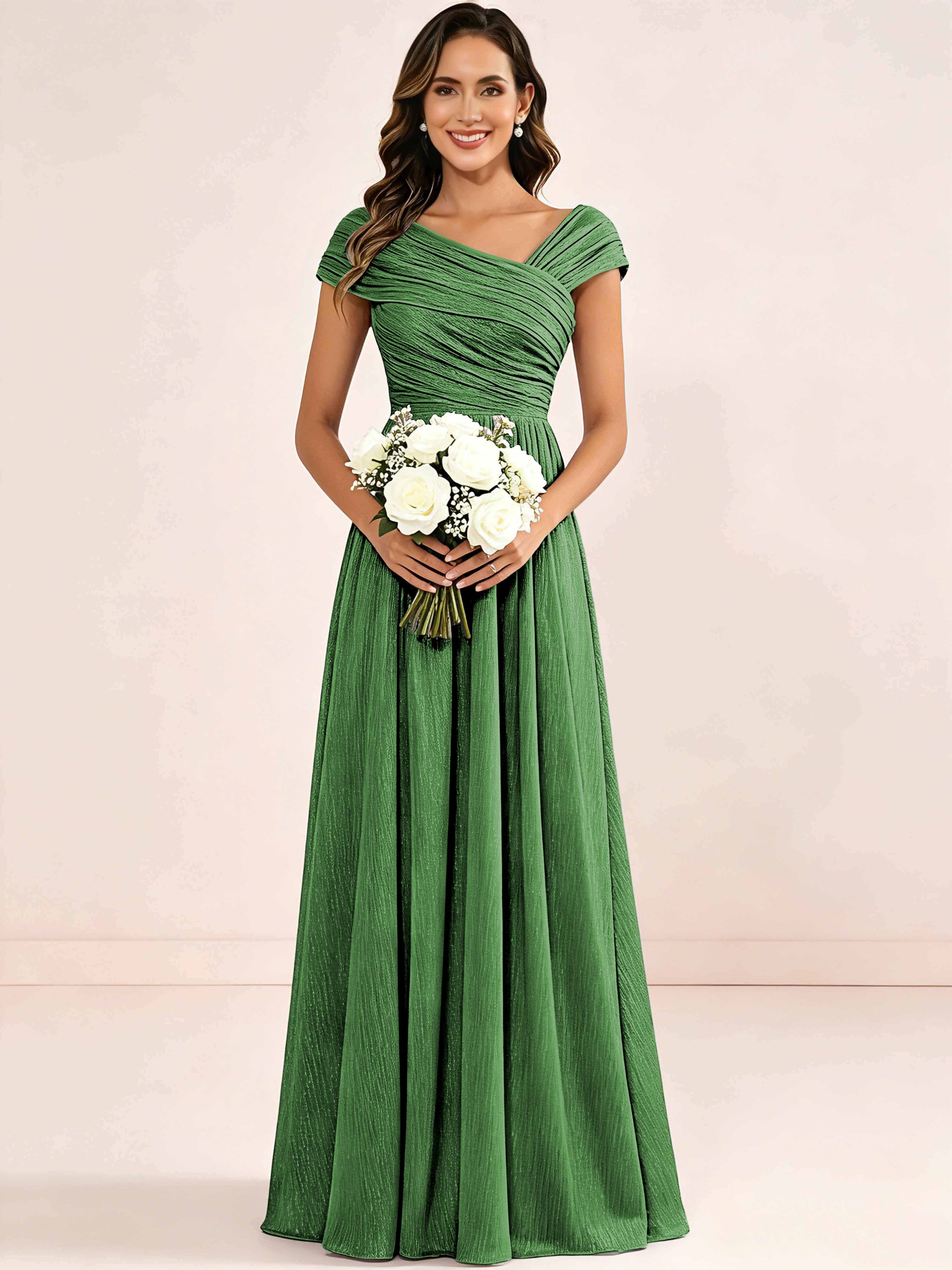 Shiny Striped Chiffon Ruched Cap Sleeve Mother of The Bride Dress