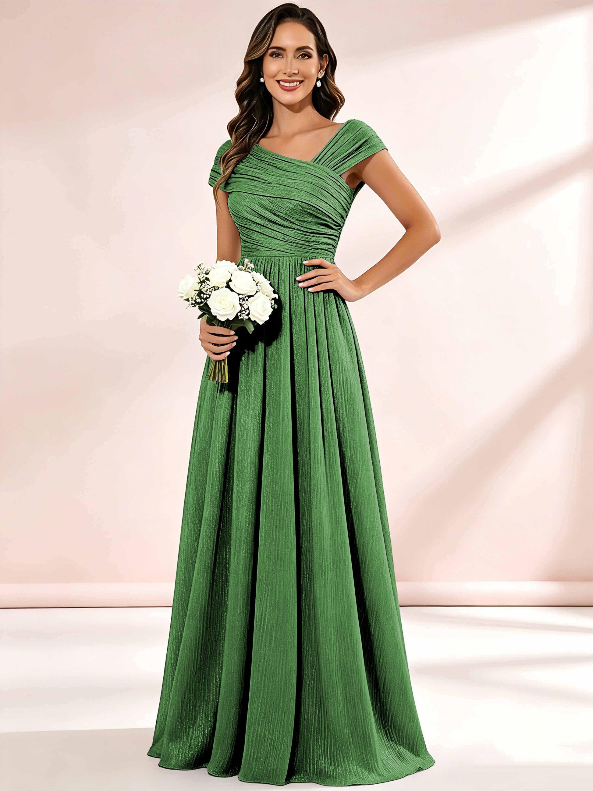Shiny Striped Chiffon Ruched Cap Sleeve Mother of The Bride Dress