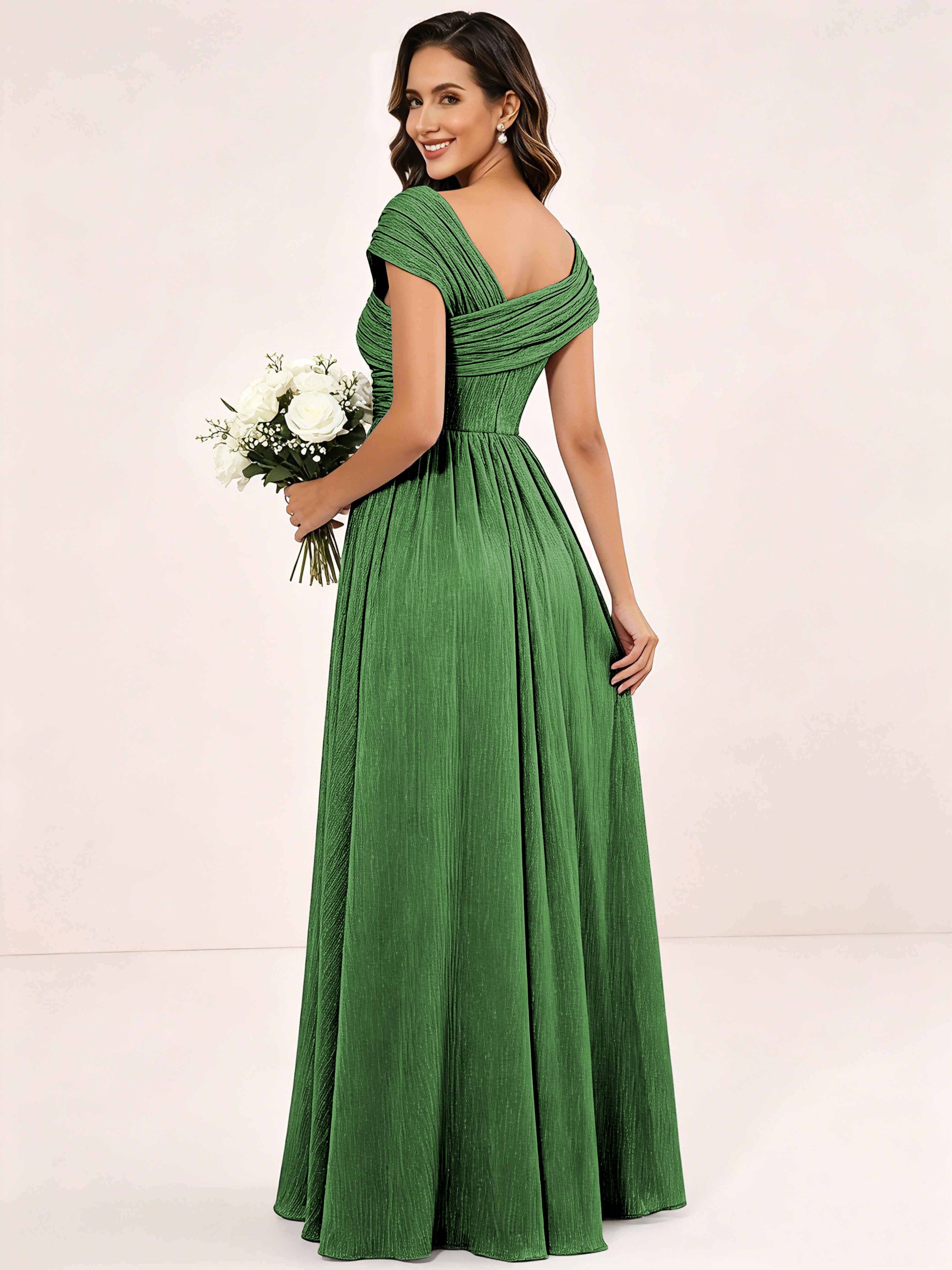 Shiny Striped Chiffon Ruched Cap Sleeve Mother of The Bride Dress