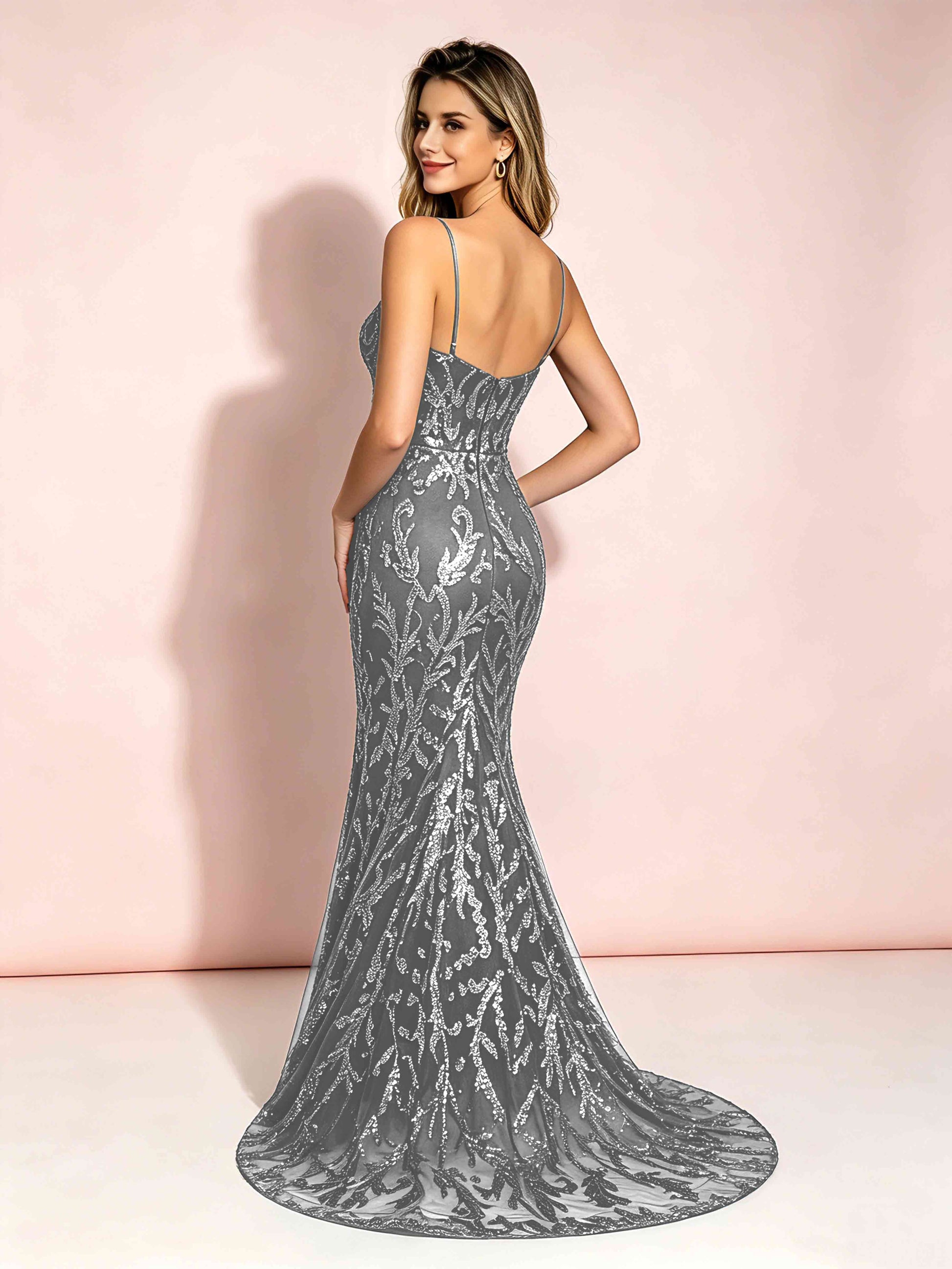 Mermaid V-Neck Sweep Train Sequin Sparkly Prom Dresses with Slit