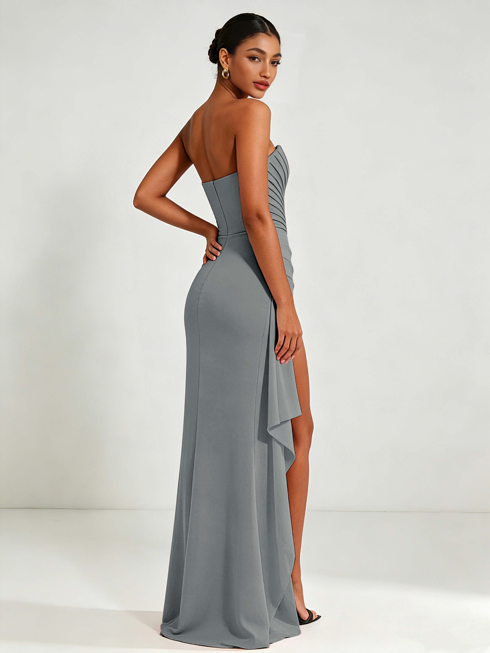 Strapless Ruched Bust Prom Dresses with Ruffle Slit