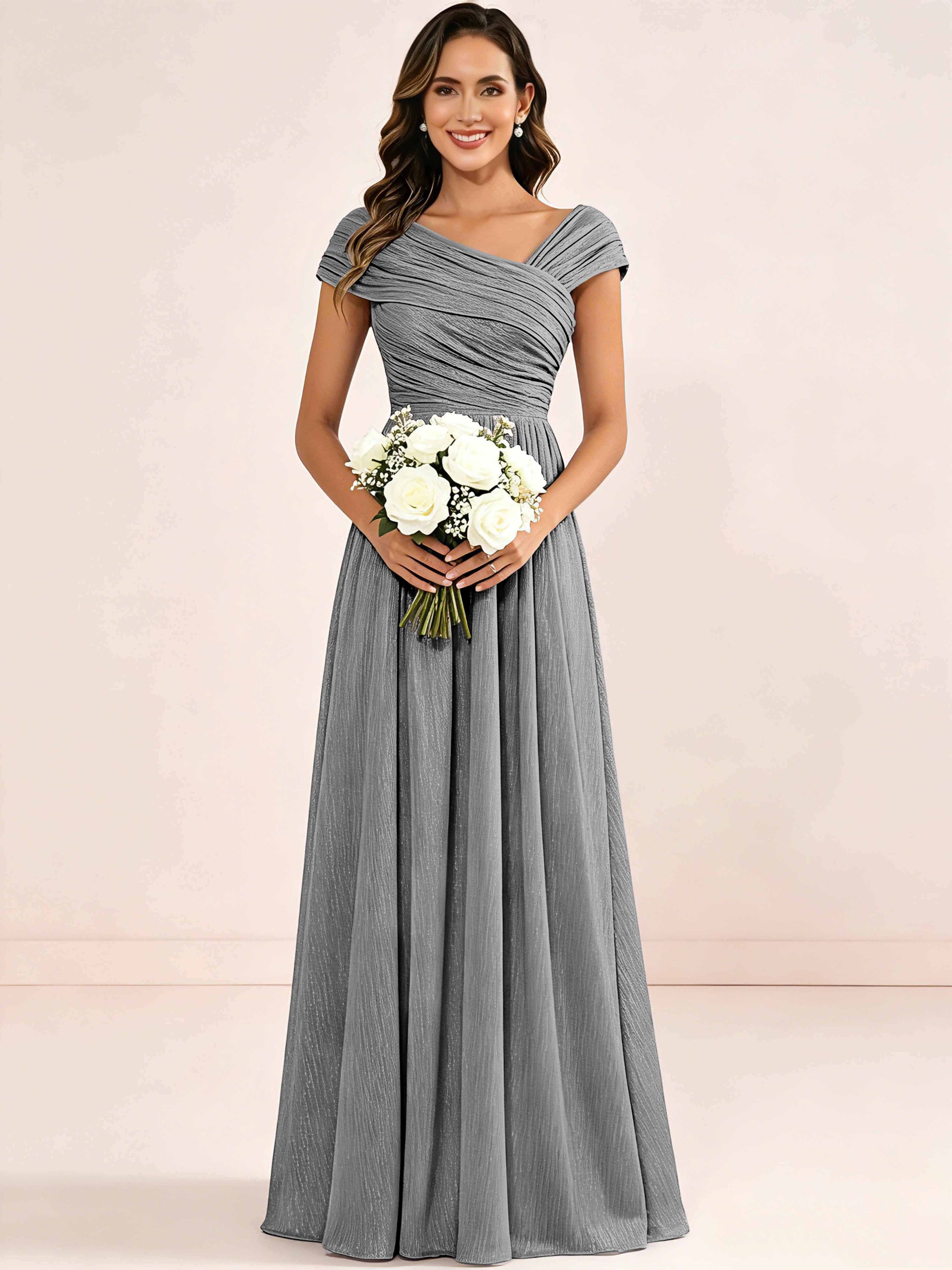 Shiny Striped Chiffon Ruched Cap Sleeve Mother of The Bride Dress