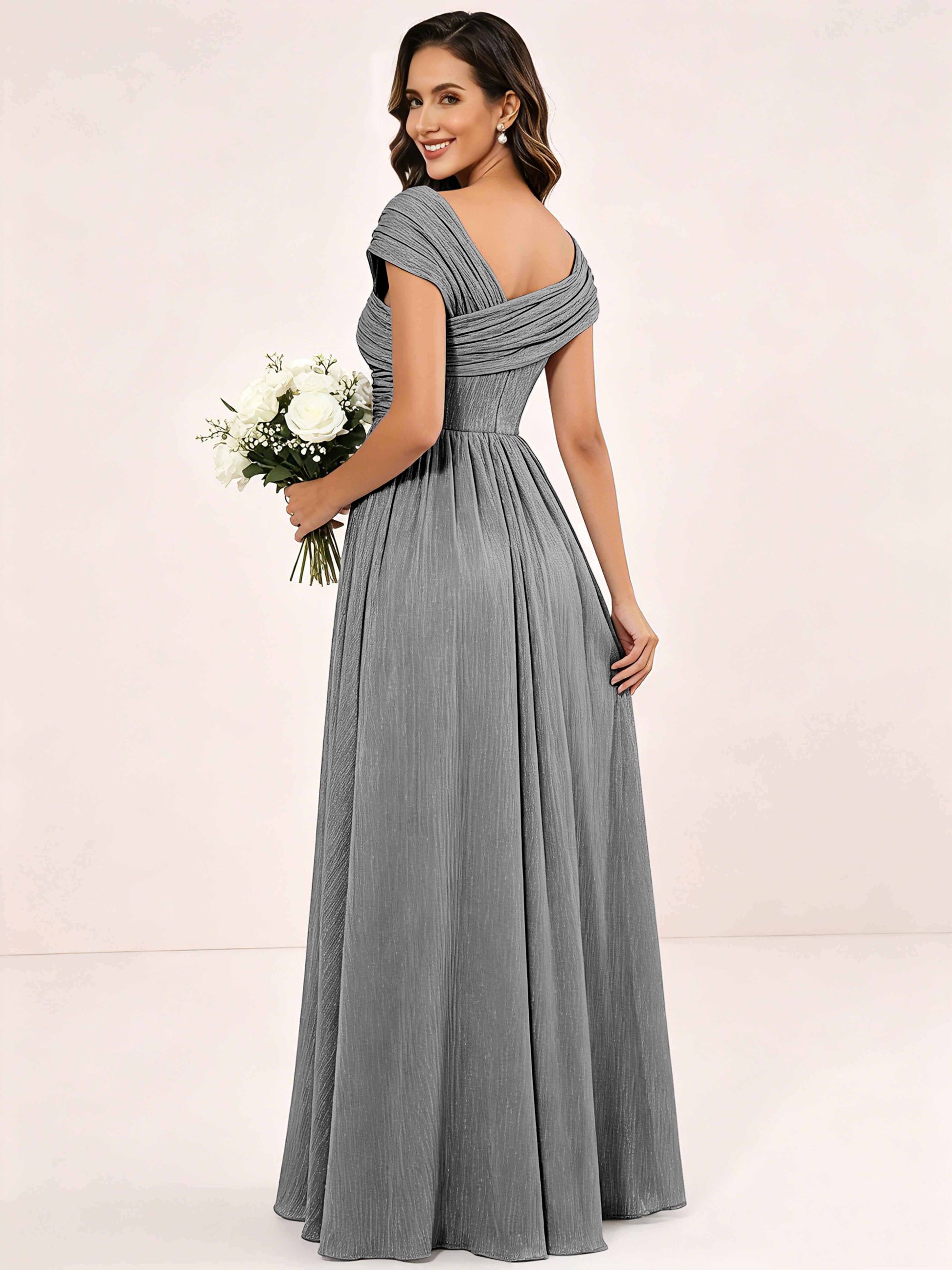Shiny Striped Chiffon Ruched Cap Sleeve Mother of The Bride Dress