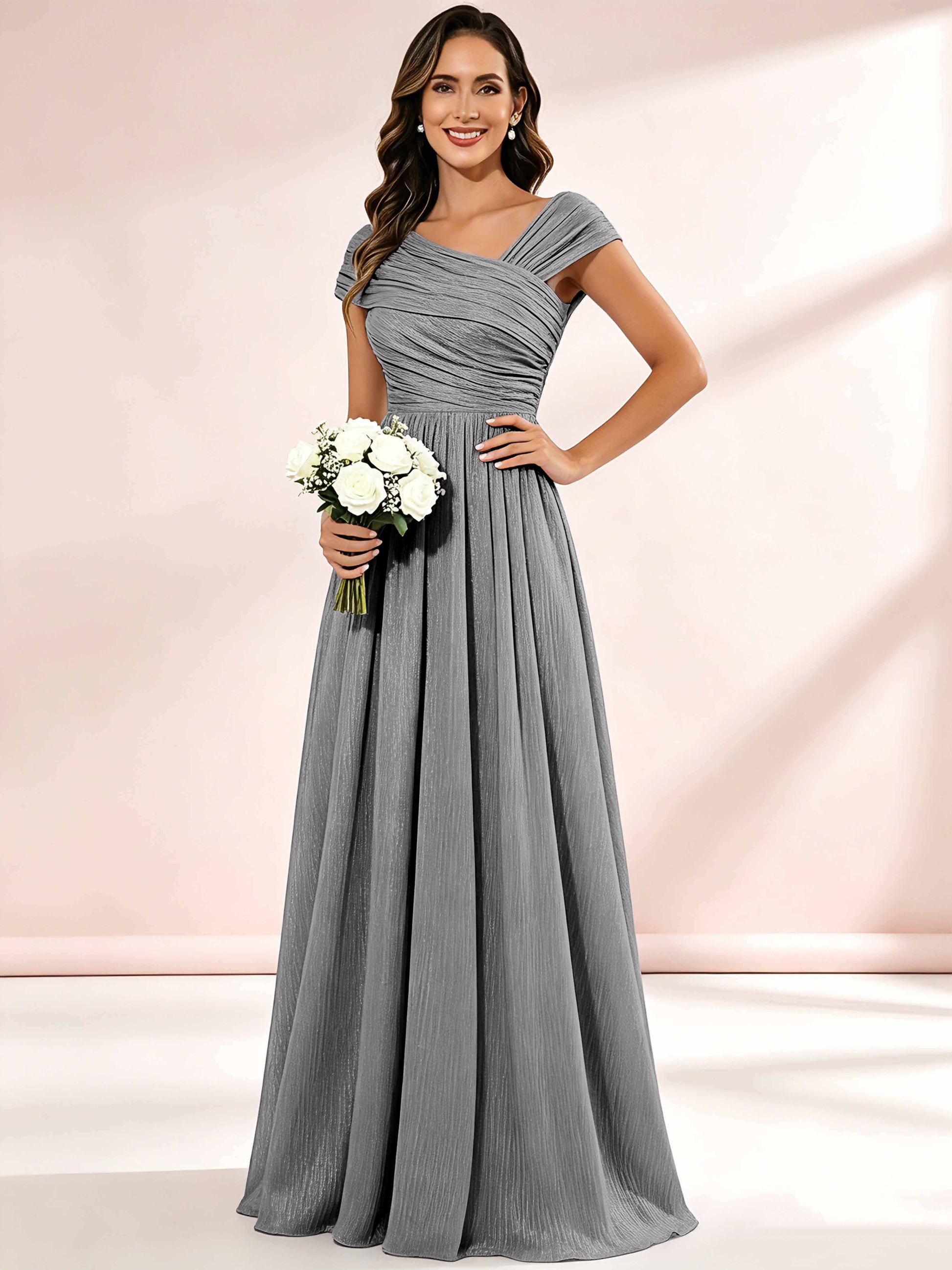 Shiny Striped Chiffon Ruched Cap Sleeve Mother of The Bride Dress