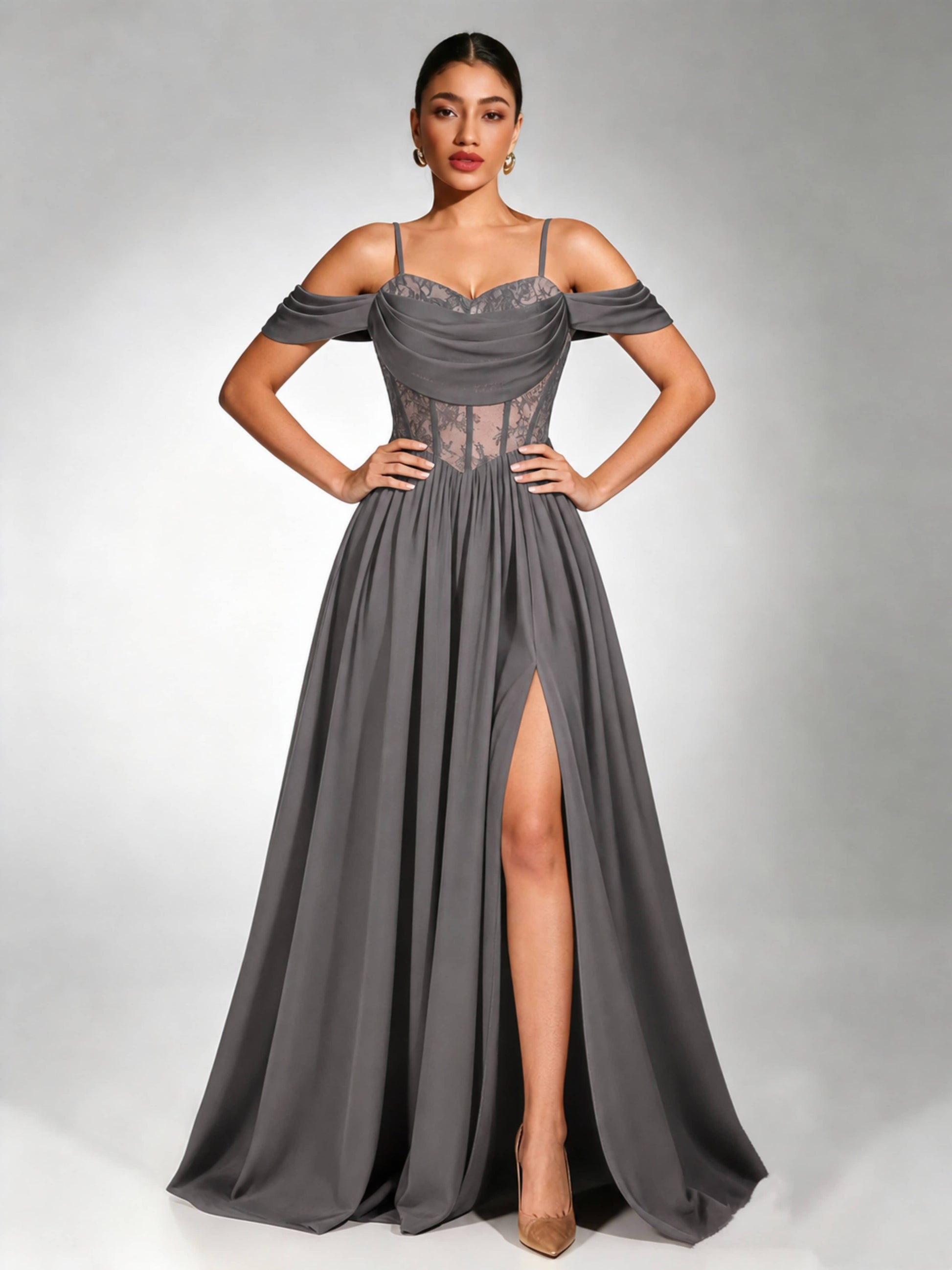 Off Shoulder Chiffon Lace Prom Dress for Teens
