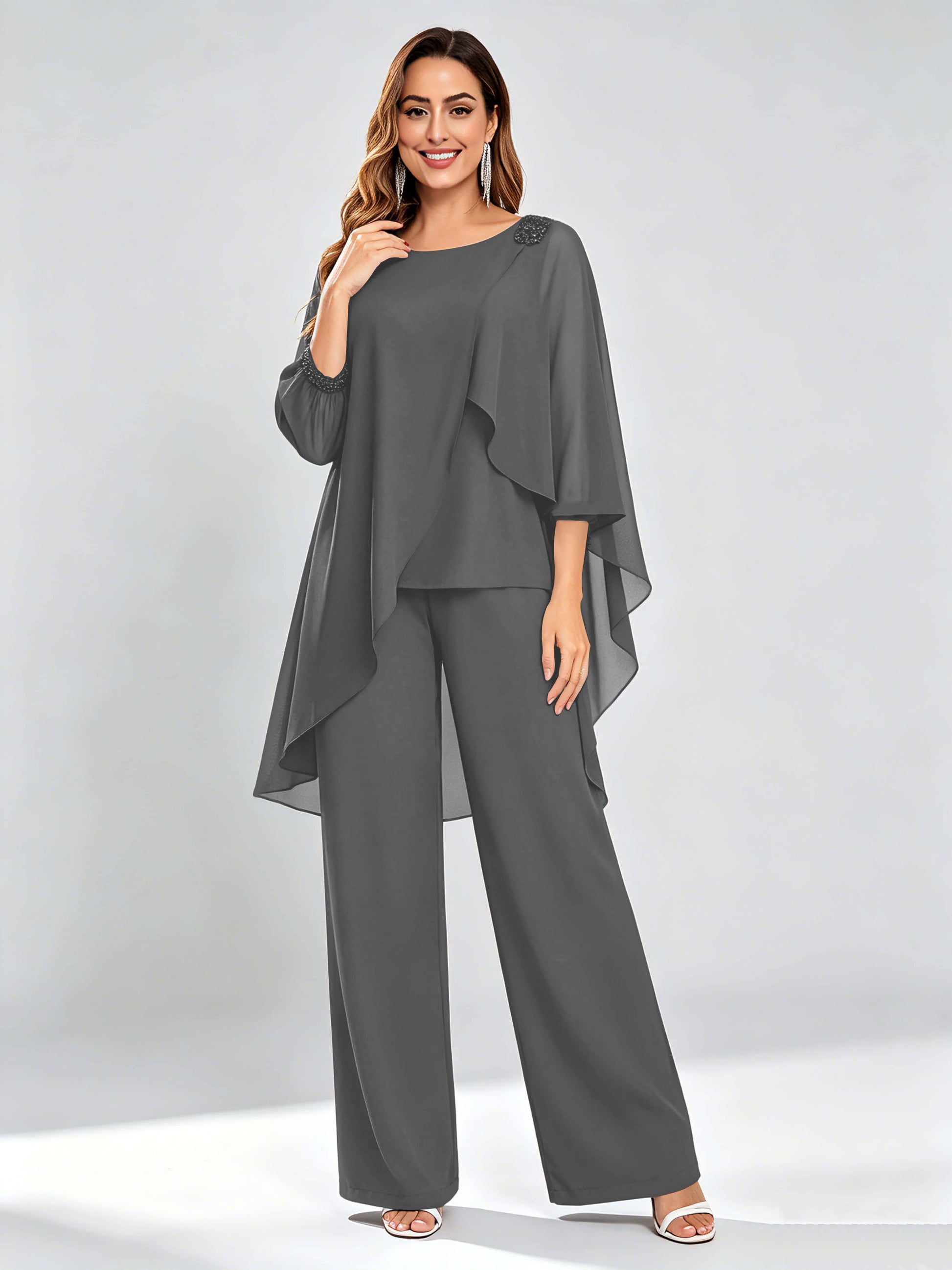 Asymmetric Chiffon 2 Pieces Mother of The Bride Pant Suits