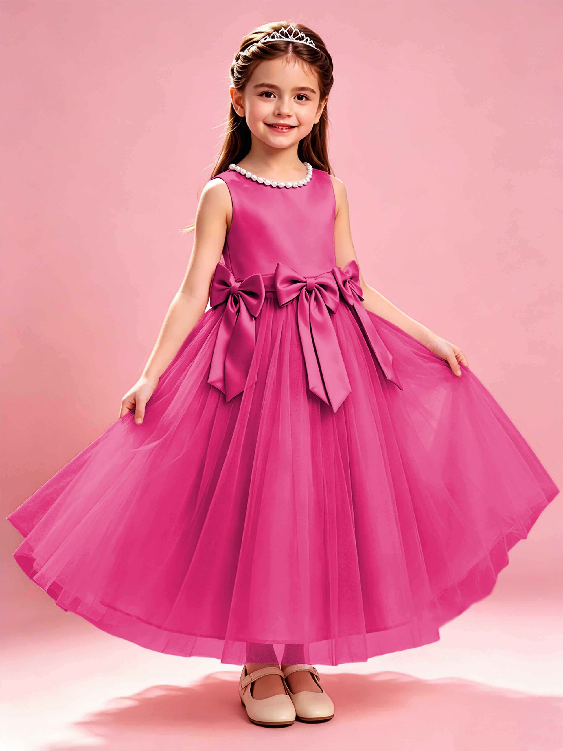 Satin Tulle Flower Girl Dress with Bow Princess Girls Pageant Gowns