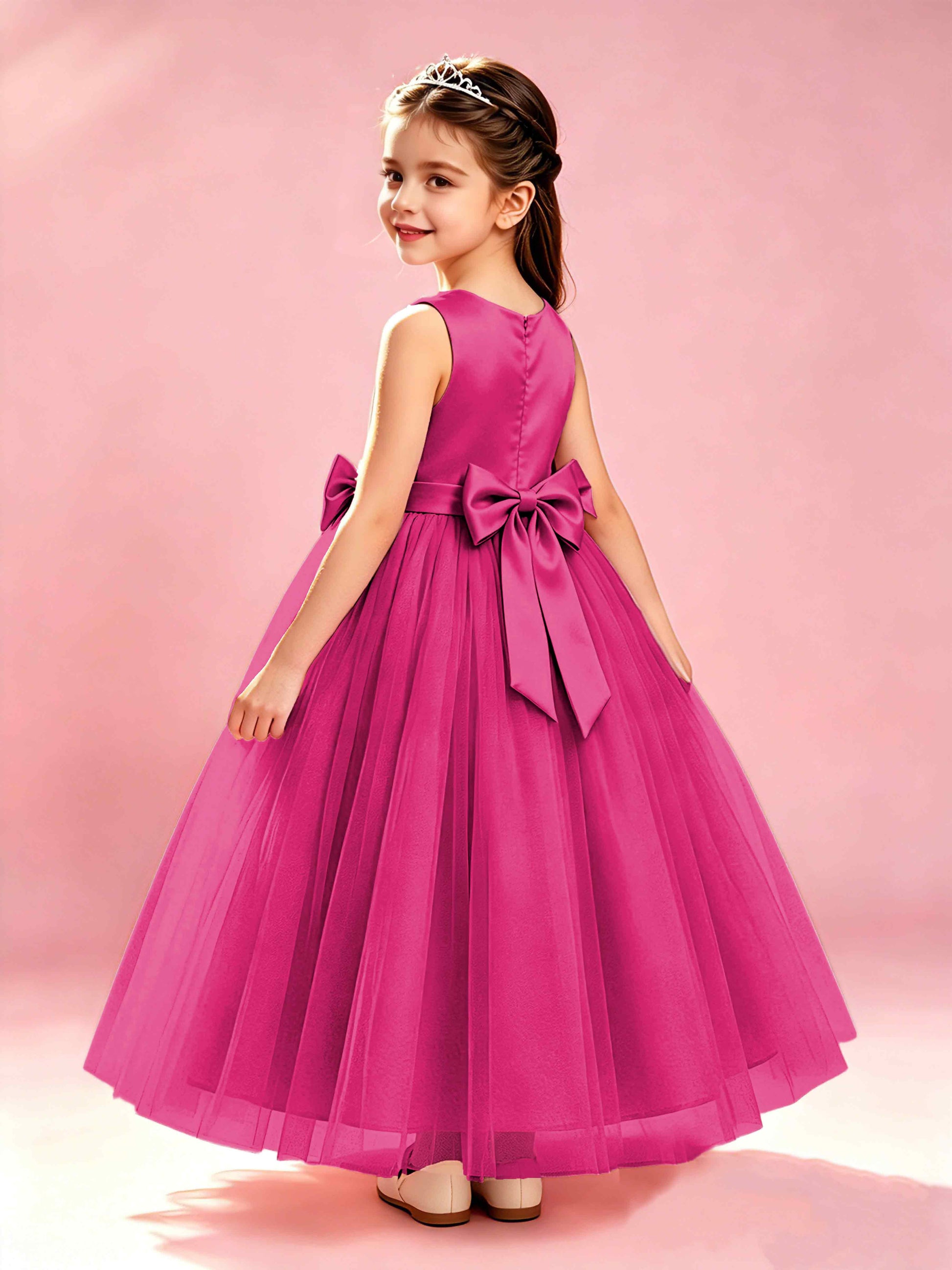 Satin Tulle Flower Girl Dress with Bow Princess Girls Pageant Gowns