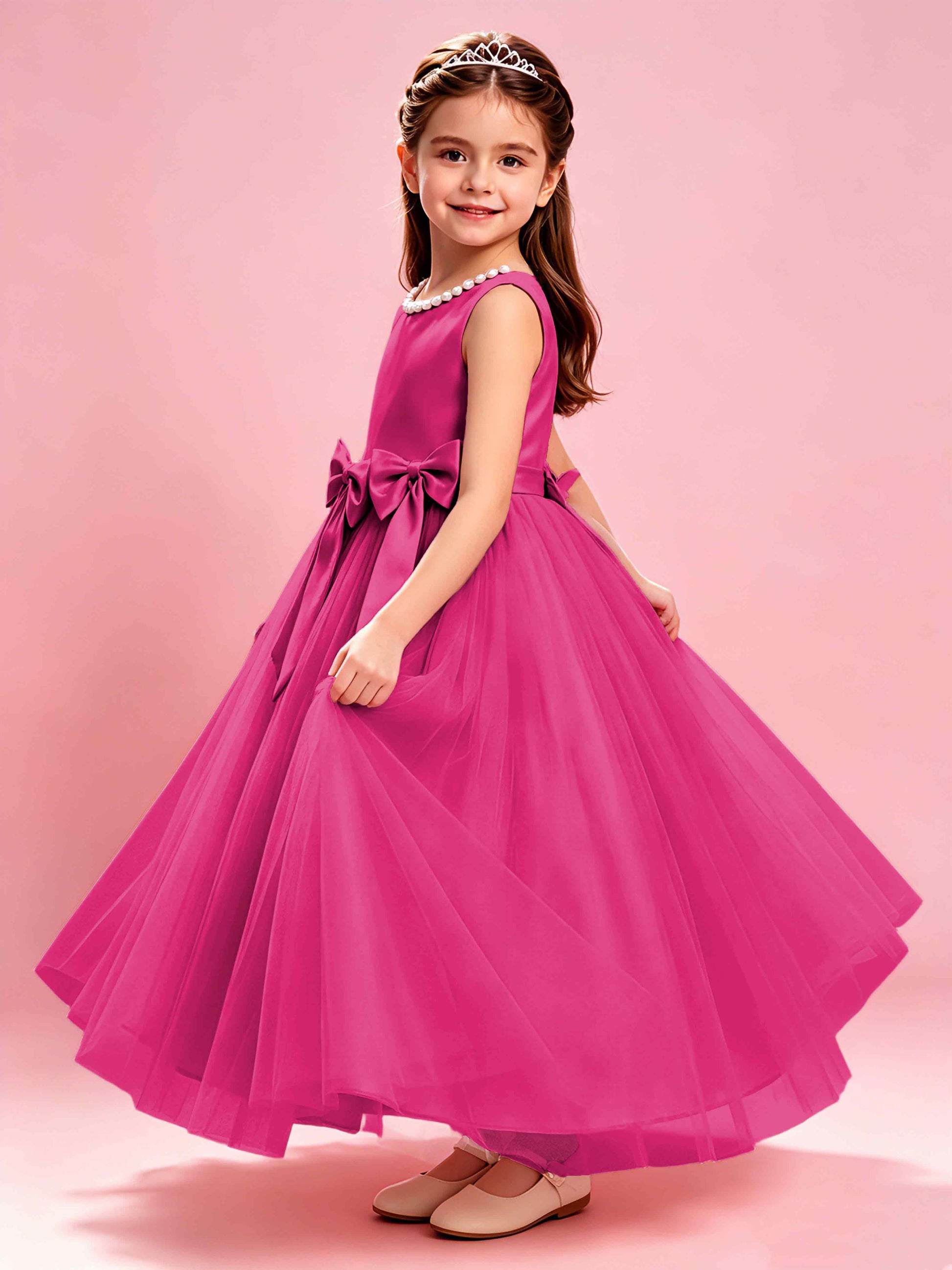 Satin Tulle Flower Girl Dress with Bow Princess Girls Pageant Gowns