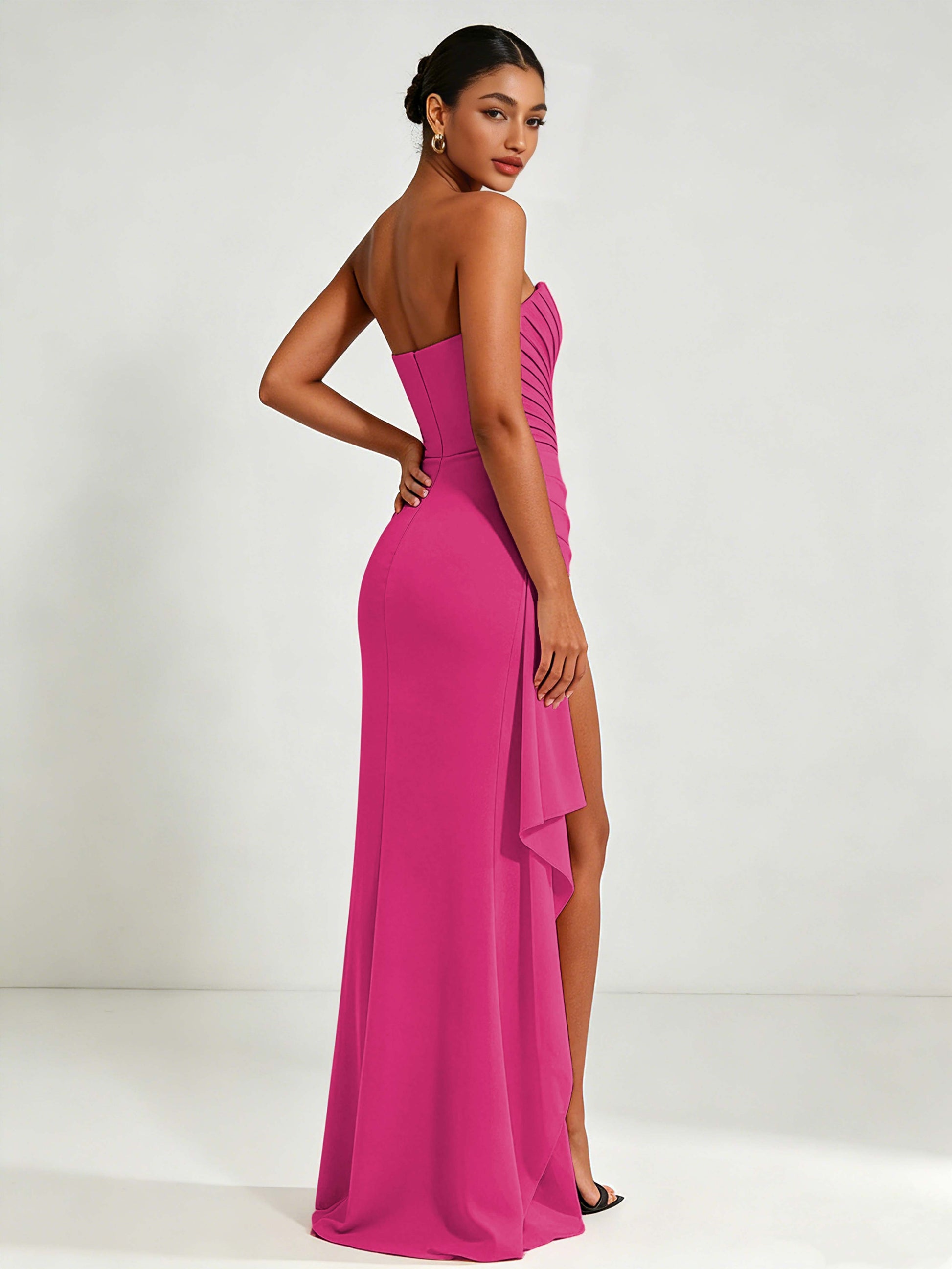 Strapless Ruched Bust Prom Dresses with Ruffle Slit