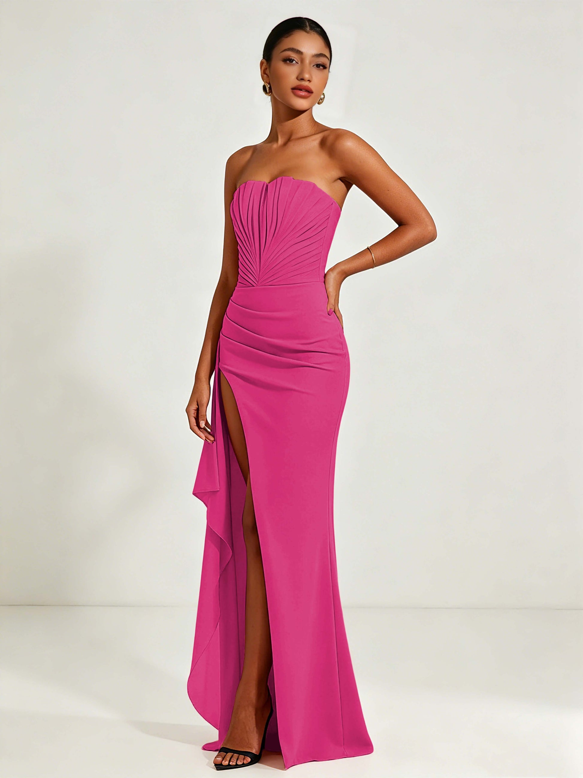 Strapless Ruched Bust Prom Dresses with Ruffle Slit