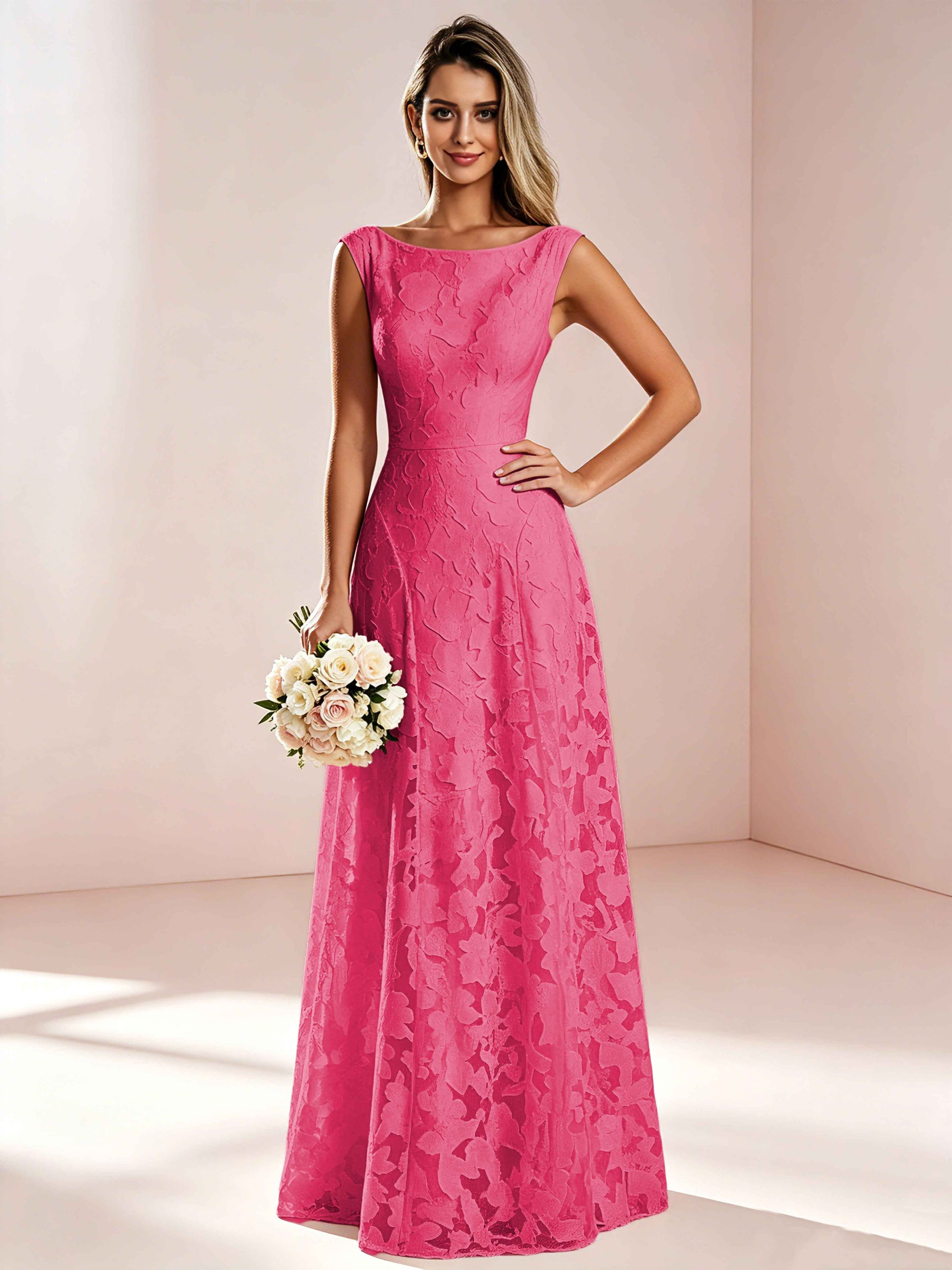 Boat Neck Jacquard Chiffon Floor Length Bridesmaid Dresses