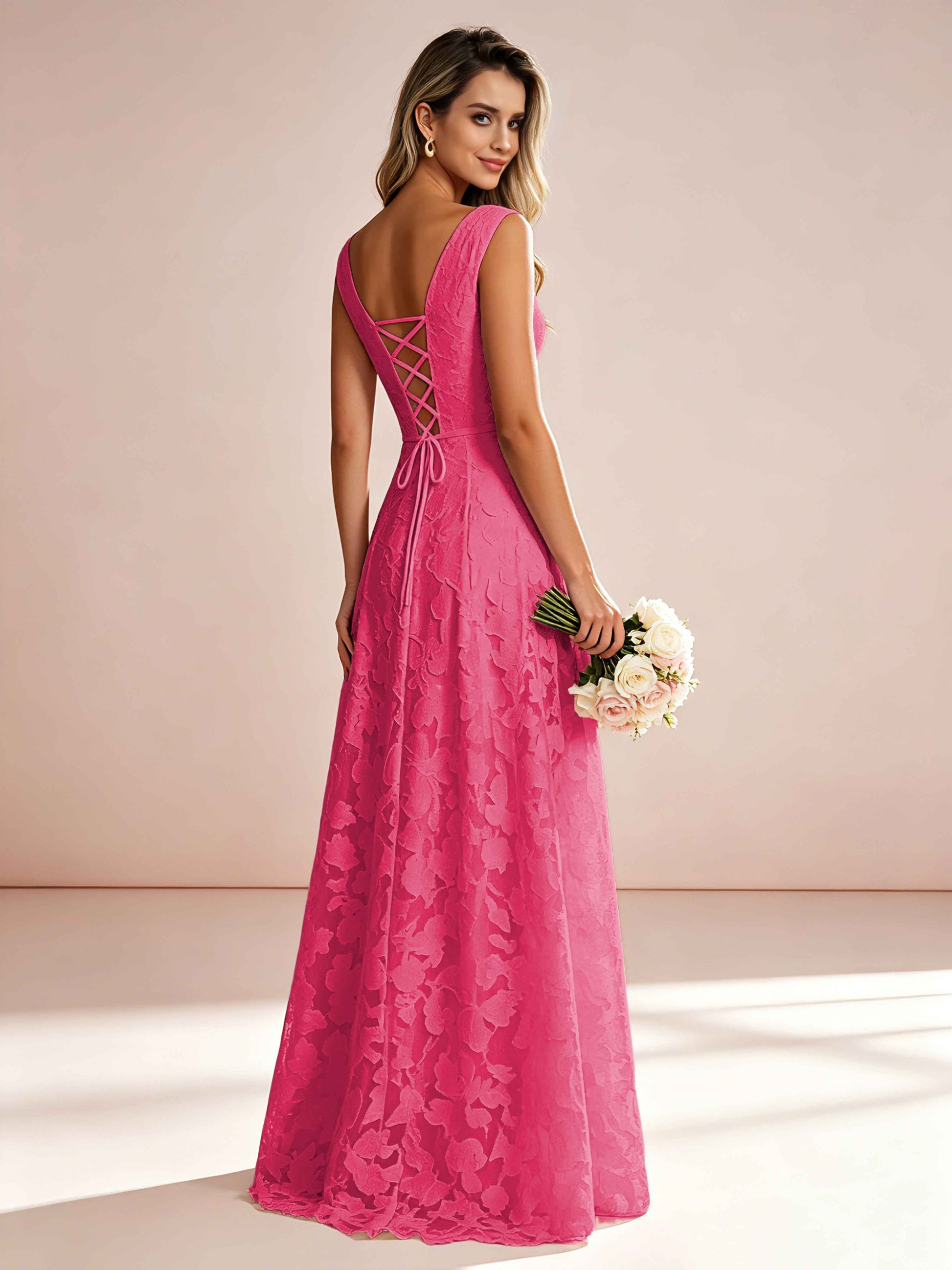 Boat Neck Jacquard Chiffon Floor Length Bridesmaid Dresses
