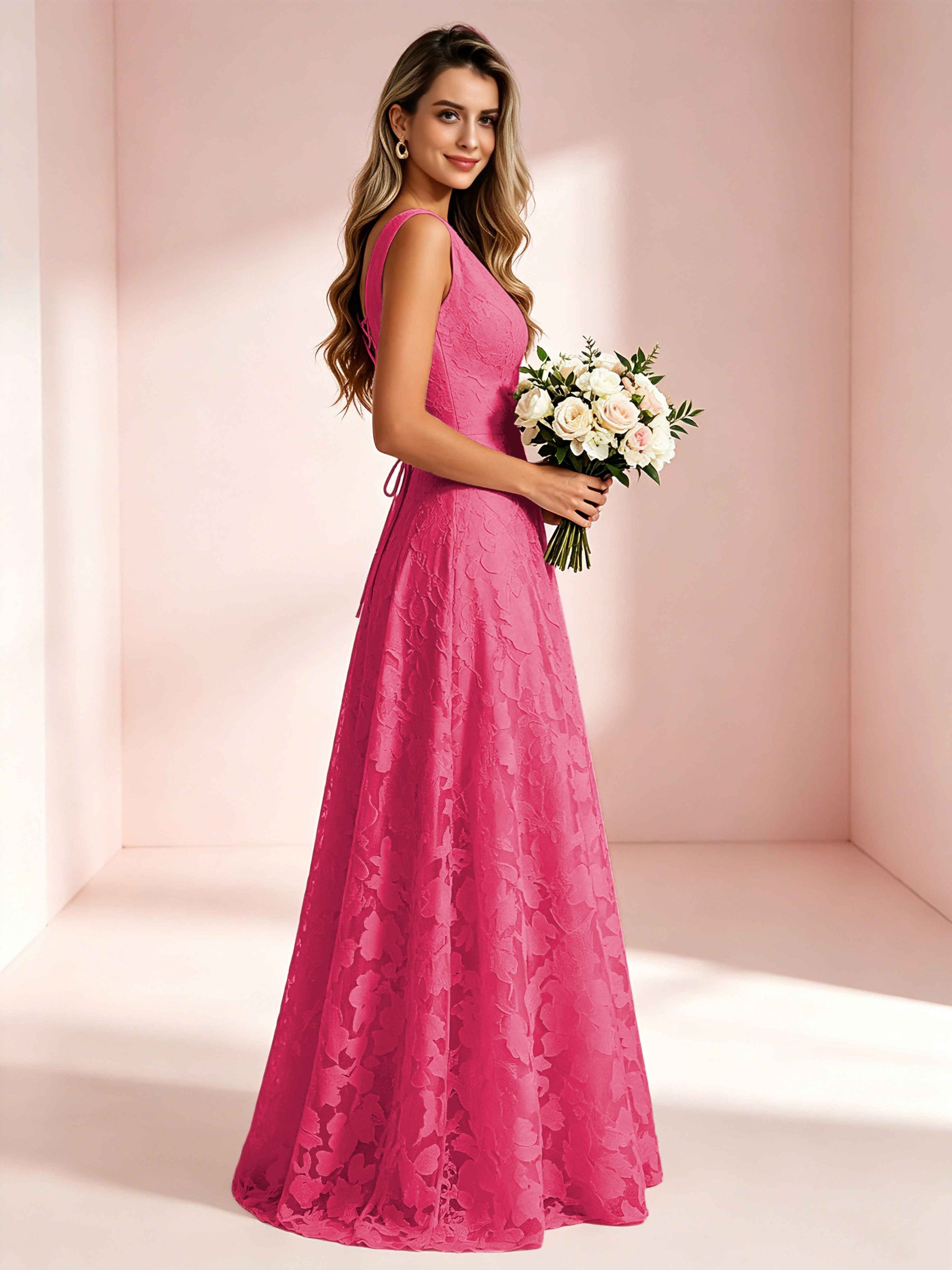 Boat Neck Jacquard Chiffon Floor Length Bridesmaid Dresses
