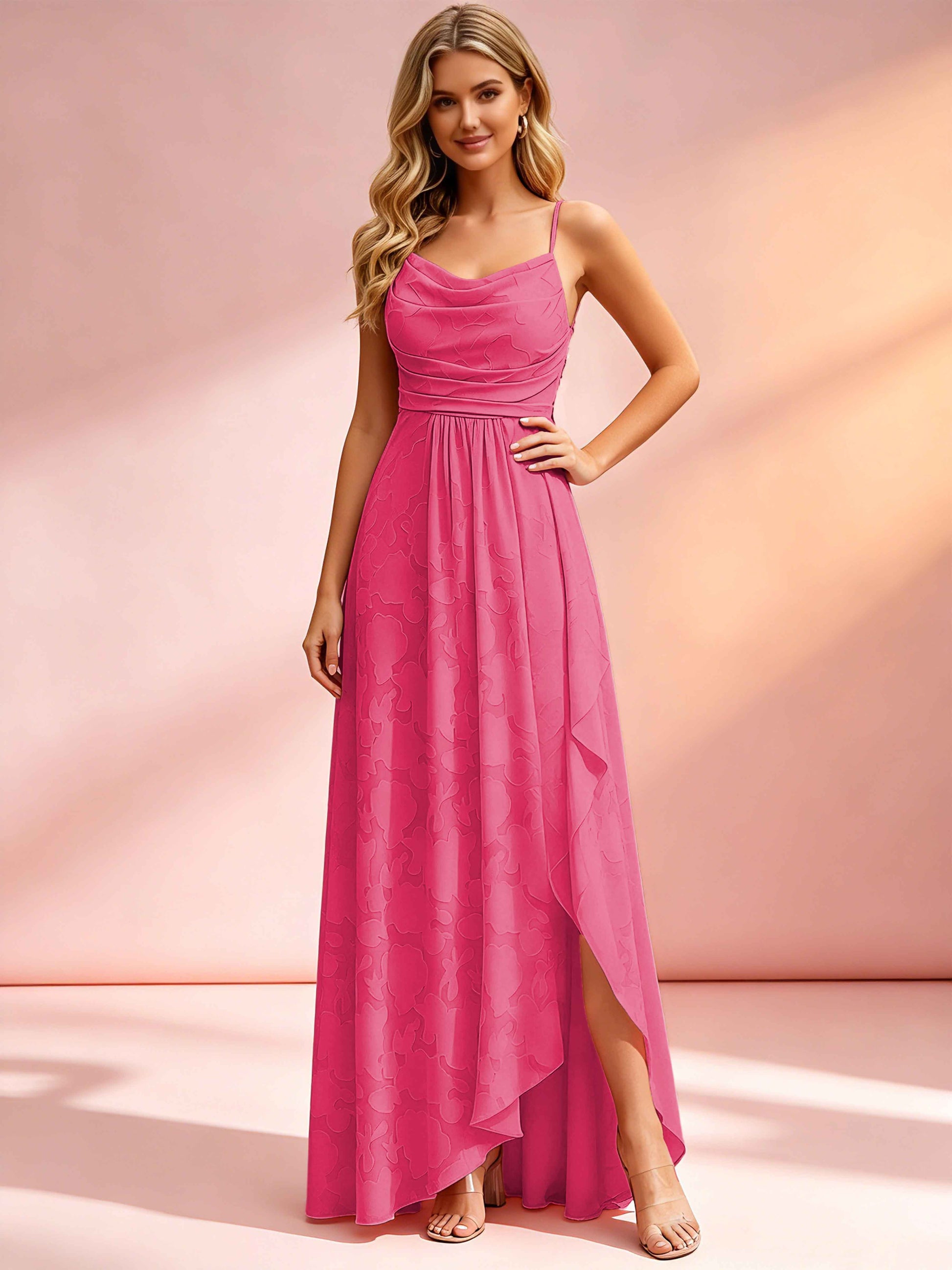 Jacquard Chiffon Cowl Neck Bridesmaid Dresses with Ruffle Slit