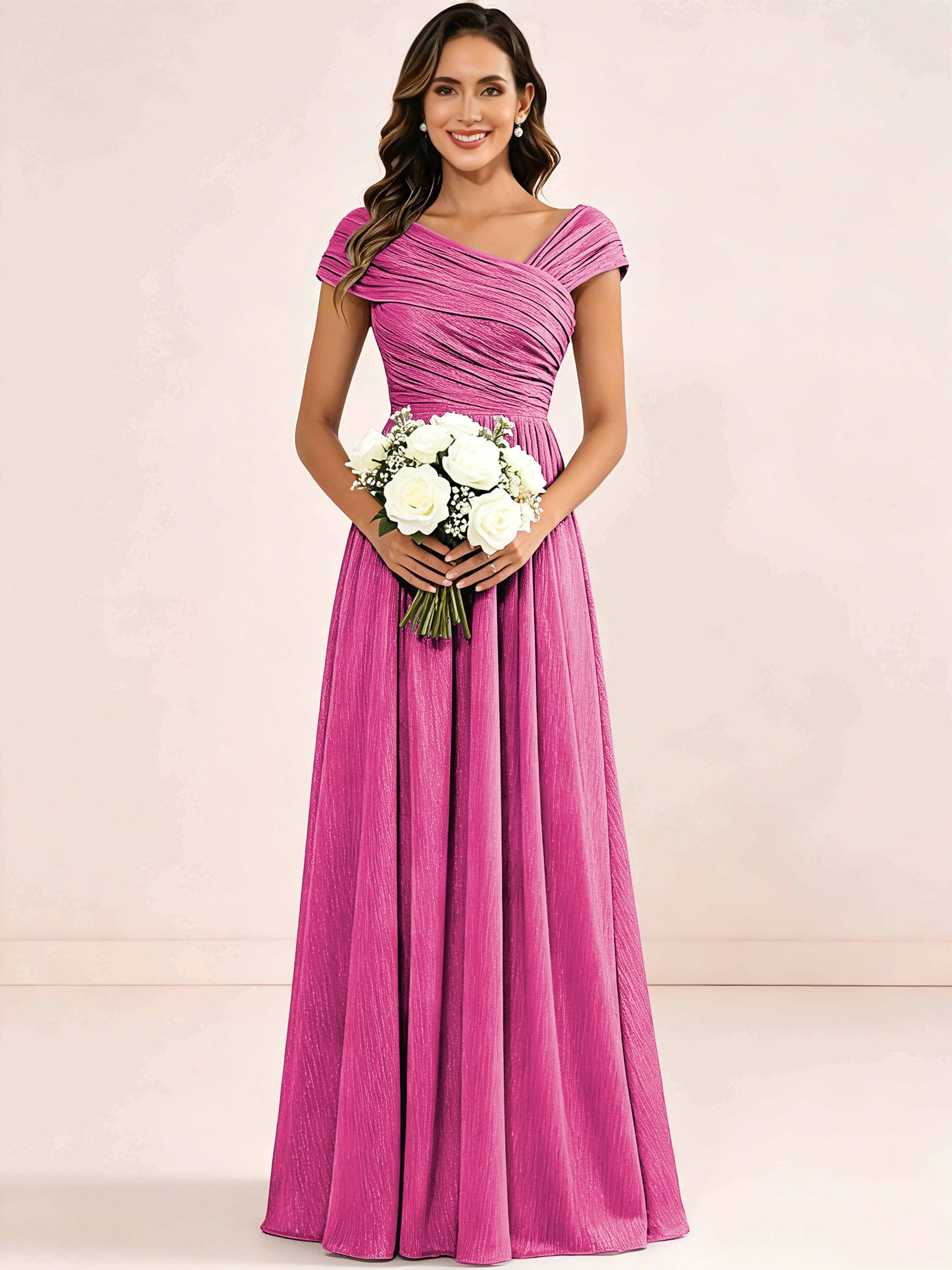 Shiny Striped Chiffon Ruched Cap Sleeve Mother of The Bride Dress