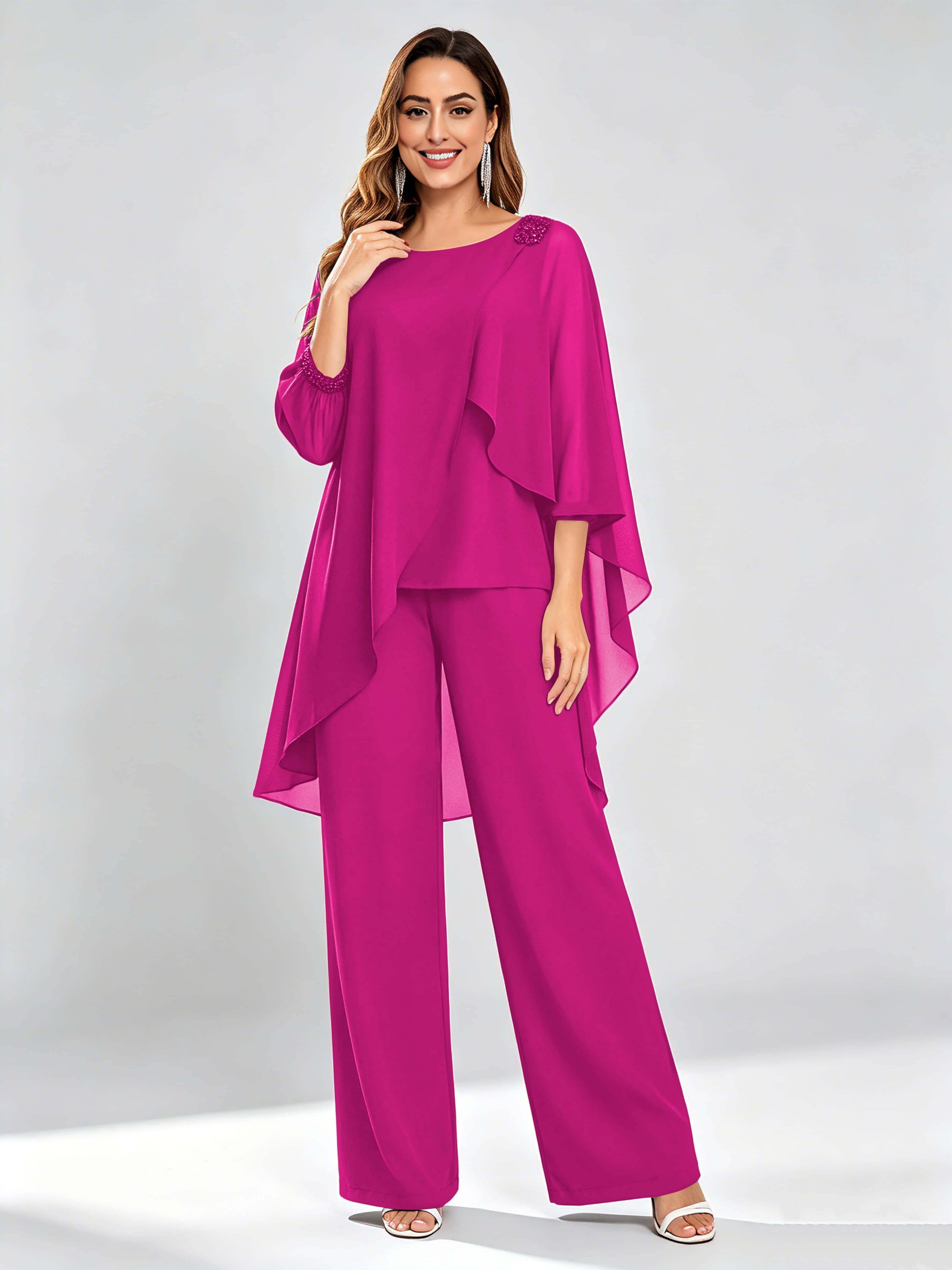 Asymmetric Chiffon 2 Pieces Mother of The Bride Pant Suits