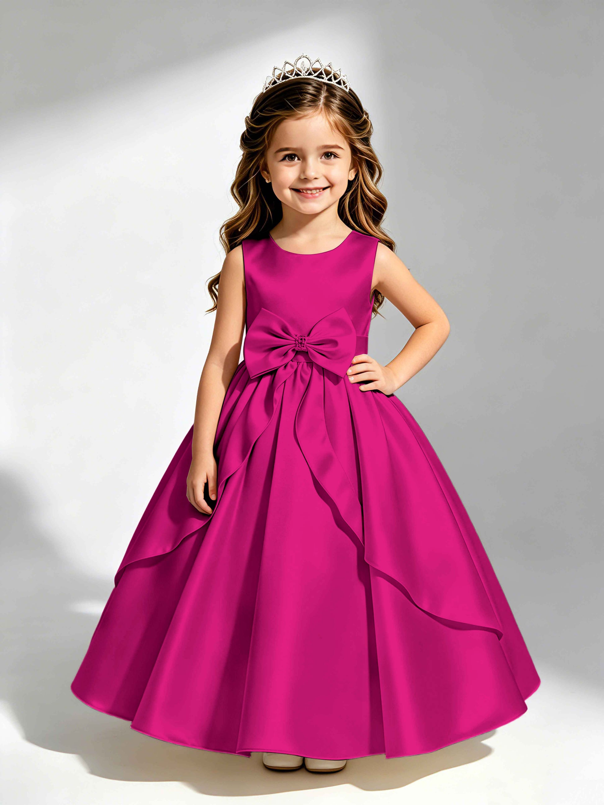 Satin Flower Girl Dress with Bow Princess Girls Pageant Gowns