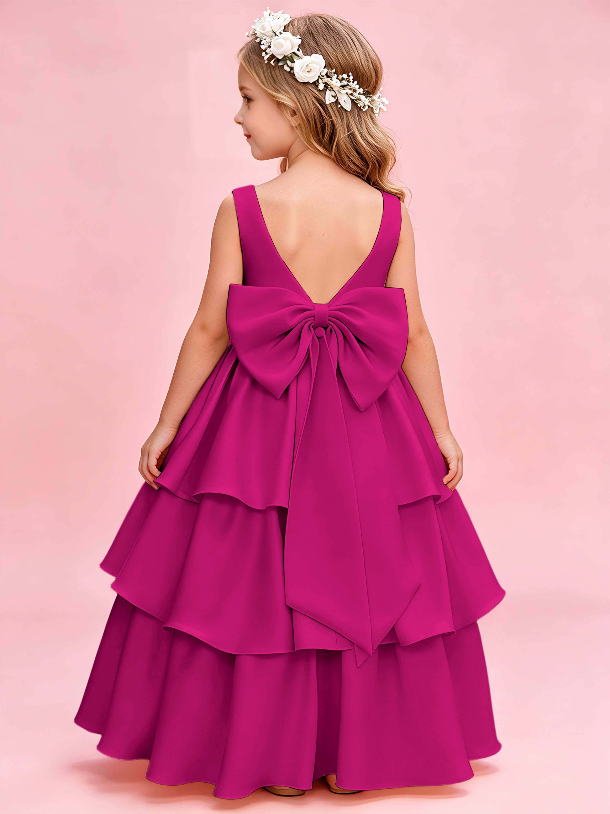 Tiered Flower Girl Dress with Bow Princess Girls Pageant Gowns
