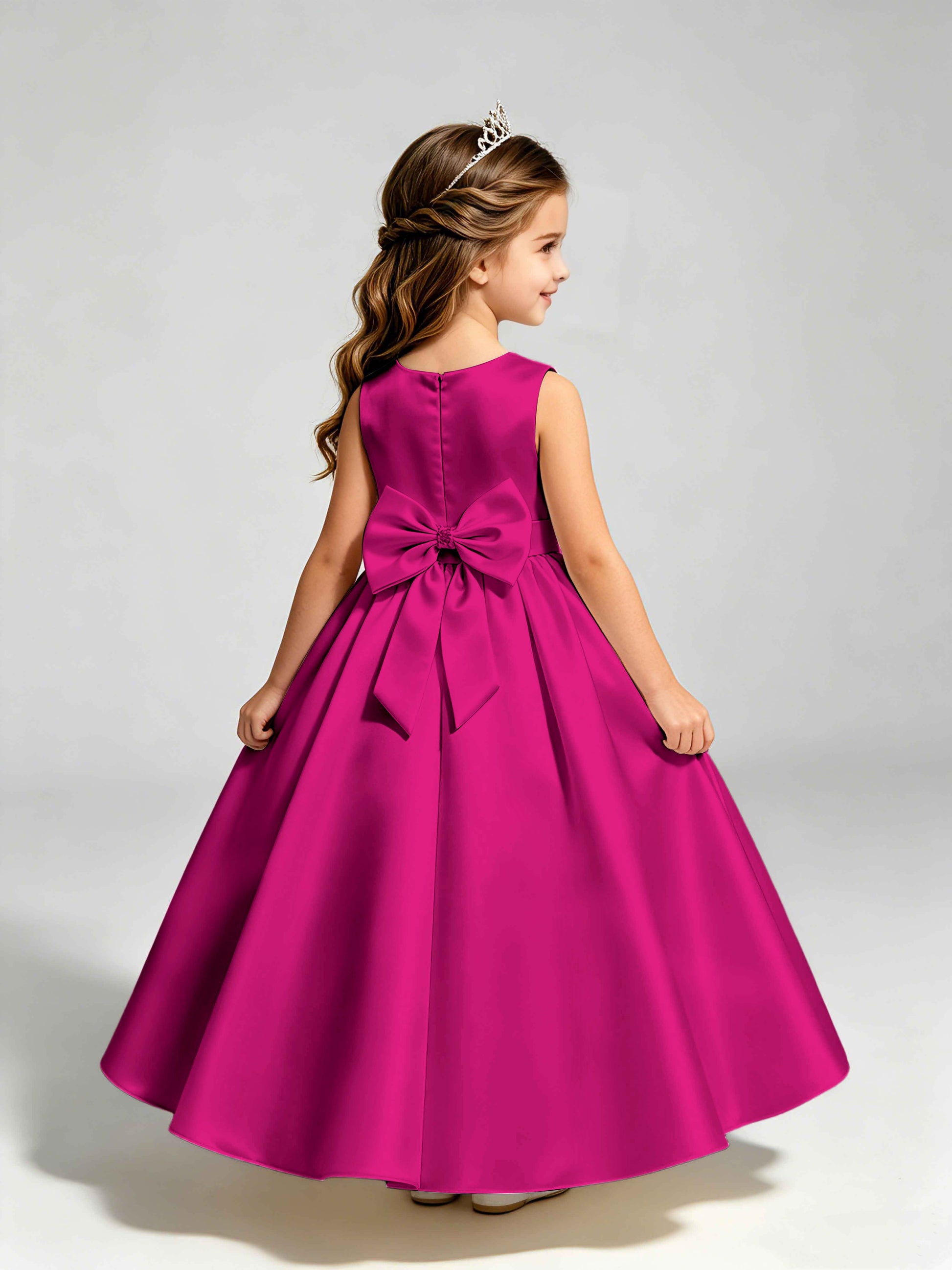 Satin Flower Girl Dress with Bow Princess Girls Pageant Gowns