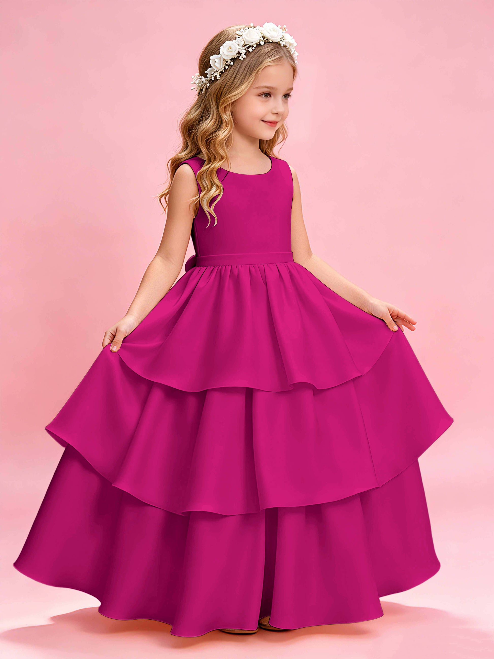 Tiered Flower Girl Dress with Bow Princess Girls Pageant Gowns